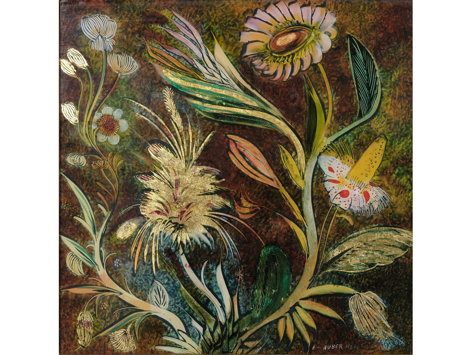 ERNST HUBER, VIENNA 1895 - 1960 VIENNA: Ernst HuberVienna 1895 - 1960 ViennaFlowersReverse glass painting33 x 33 cm, with frame 38.5 x 38.5 cmSigned lower right