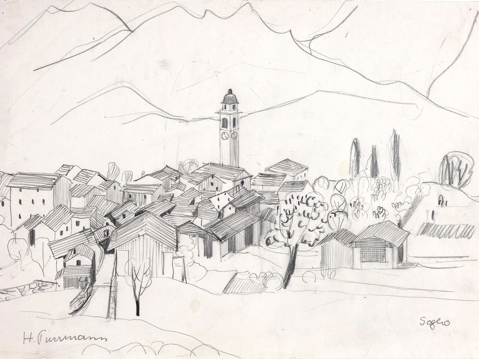 HANS PURRMANN, SPEYER 1880 - 1966 BASEL, ATTRIBUTED: Hans PurrmannSpeyer 1880 - 1966 Basel, attributedView of SoglioPencil drawing on paper21 x 29.5 cmSigned lower leftTitled lower right