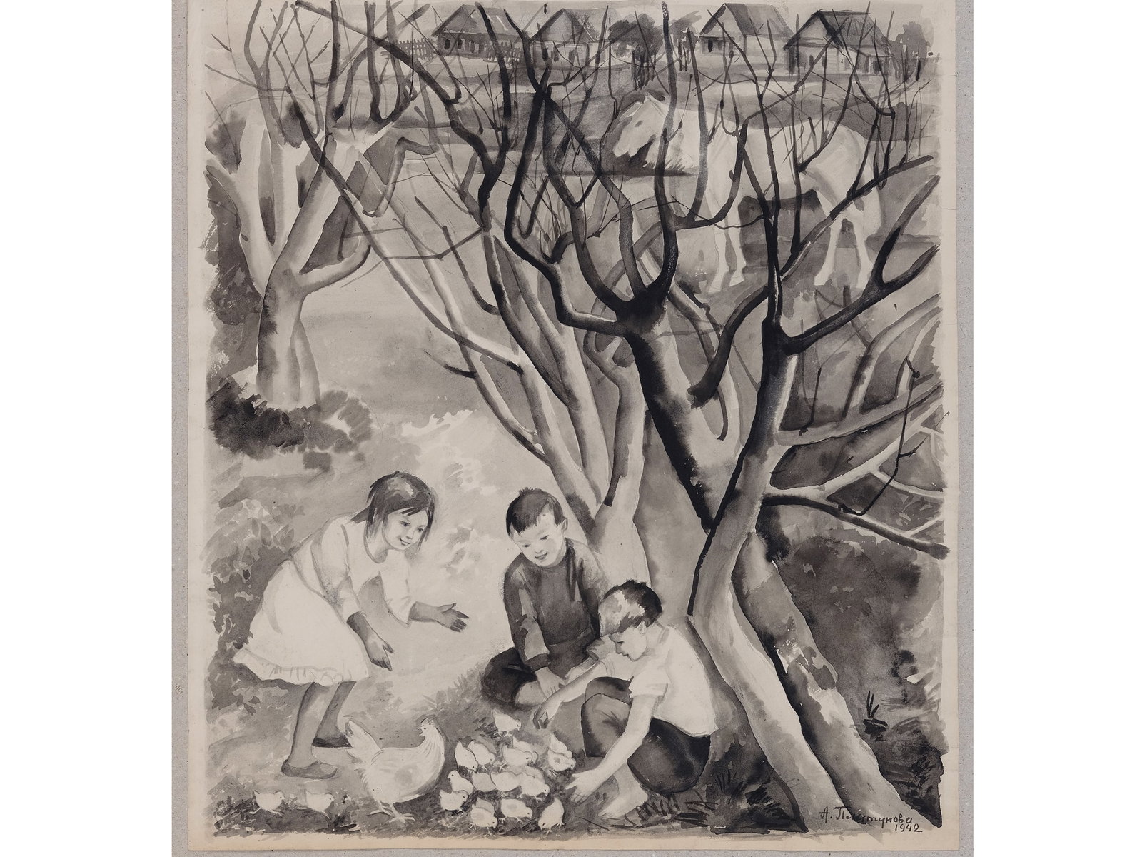 ALEKSANDRA GEORGIEVNA PLATUNOVA, RUSSIA, 1896-1966: Aleksandra Georgievna Platunova Russia, 1896-1966 Spring in the Village Watercolor on paper 40.5 x 36 cm Signed and dated 1942 lower right