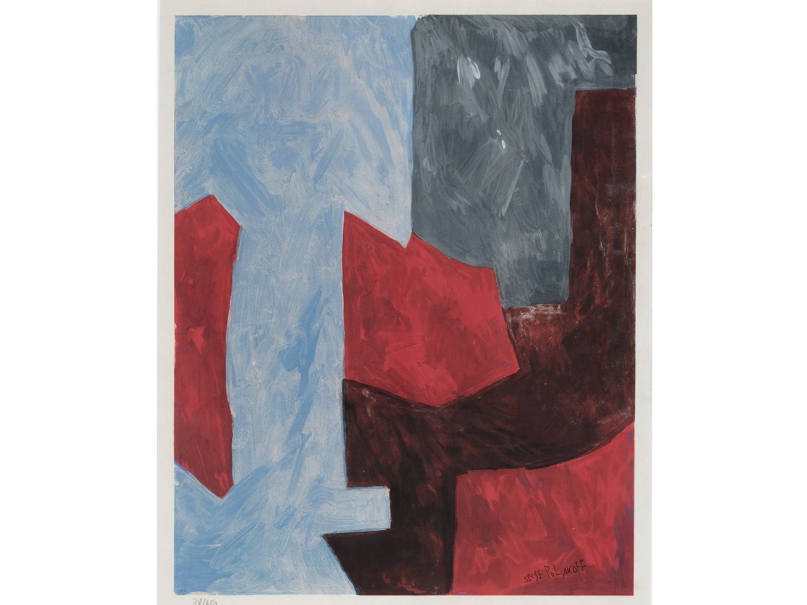 SERGE POLIAKOFF *, MOSCOW 1899 - 1969 PARIS: Serge Poliakoff *Moscow 1899 - 1969 ParisAbstract compositionLithograph on paper56 x 43.5 cm, with frame 81.5 x 66.5 cmNumbered 78/450 lower leftSignature stamp lower right