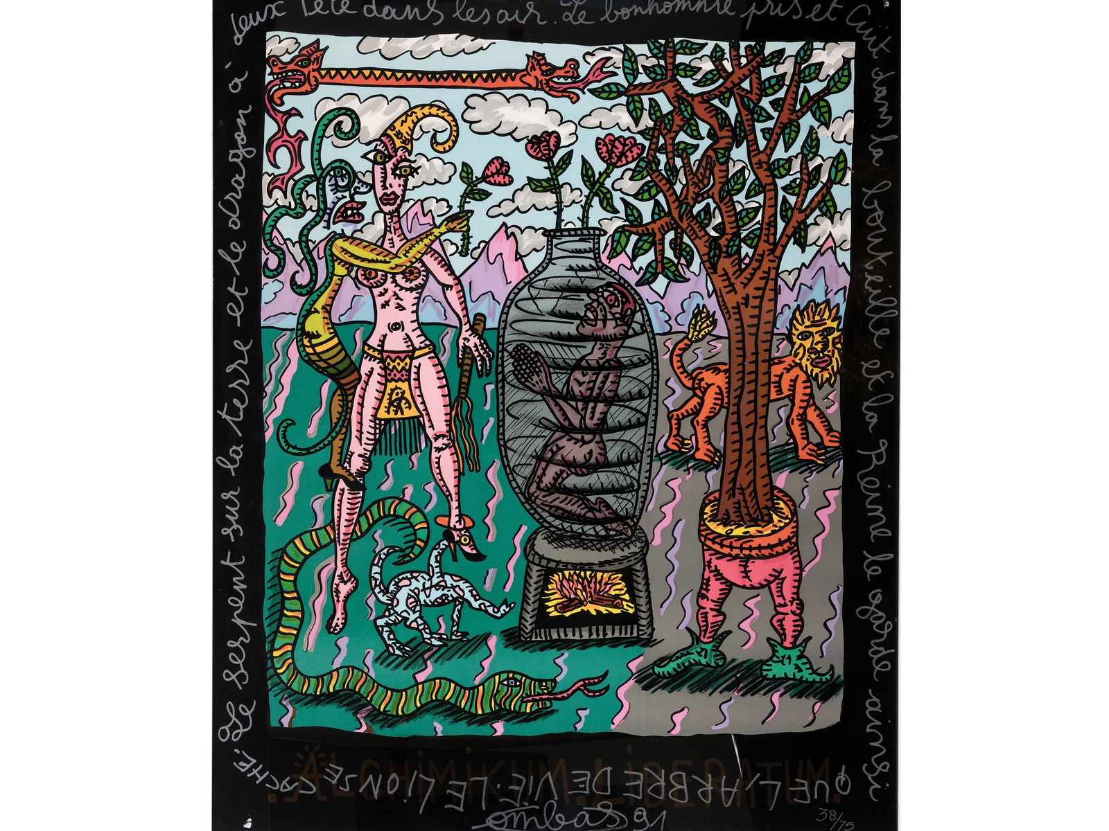 ROBERT COMBAS *, BORN IN LYON IN 1957: Robert Combas *Born in Lyon in 1957Alchimikum LiberatumDated 1991Lithograph on Arches paper103.5 x 85 cm, with frame 114 x 94.5 cmSigned and dated (19)91 lower center Numbered 38/70Handwritten inscrip