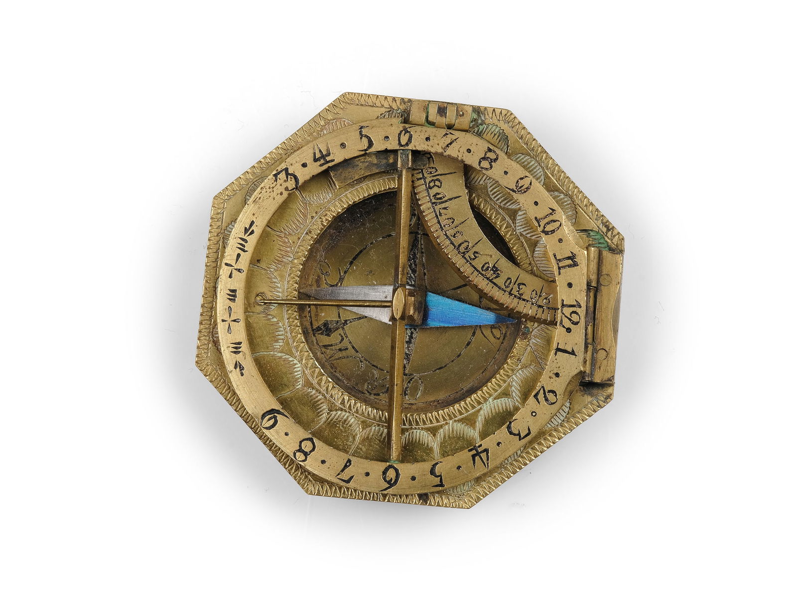 EQUATORIAL SUNDIAL BY JOHANN NEPOMUK SCHRETTEGGER, AUGSBURG: Equatorial sundial by Johann Nepomuk SchretteggerAugsburgEarly 19th centuryOctagonal shape with compass, folding hour scale, protractor, and gnomonBrassSigned "Johan / Schrettegger / in / Augsburg"5.4