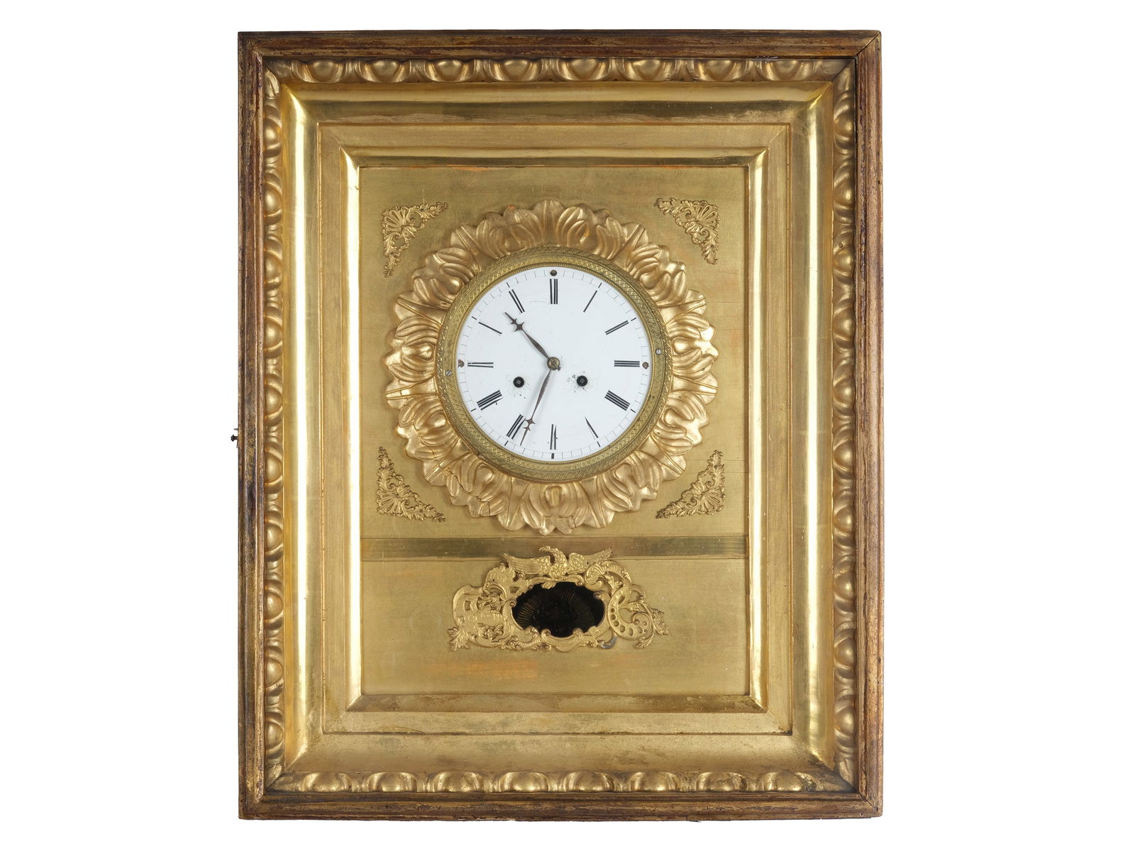 CUCKOO CLOCK, BIEDERMEIER: Cuckoo clockBiedermeierAround 1830/40Gilt woodHeight 44 cm, width 35.5 cmHalf-hour movementMovement not proved, no guarantee