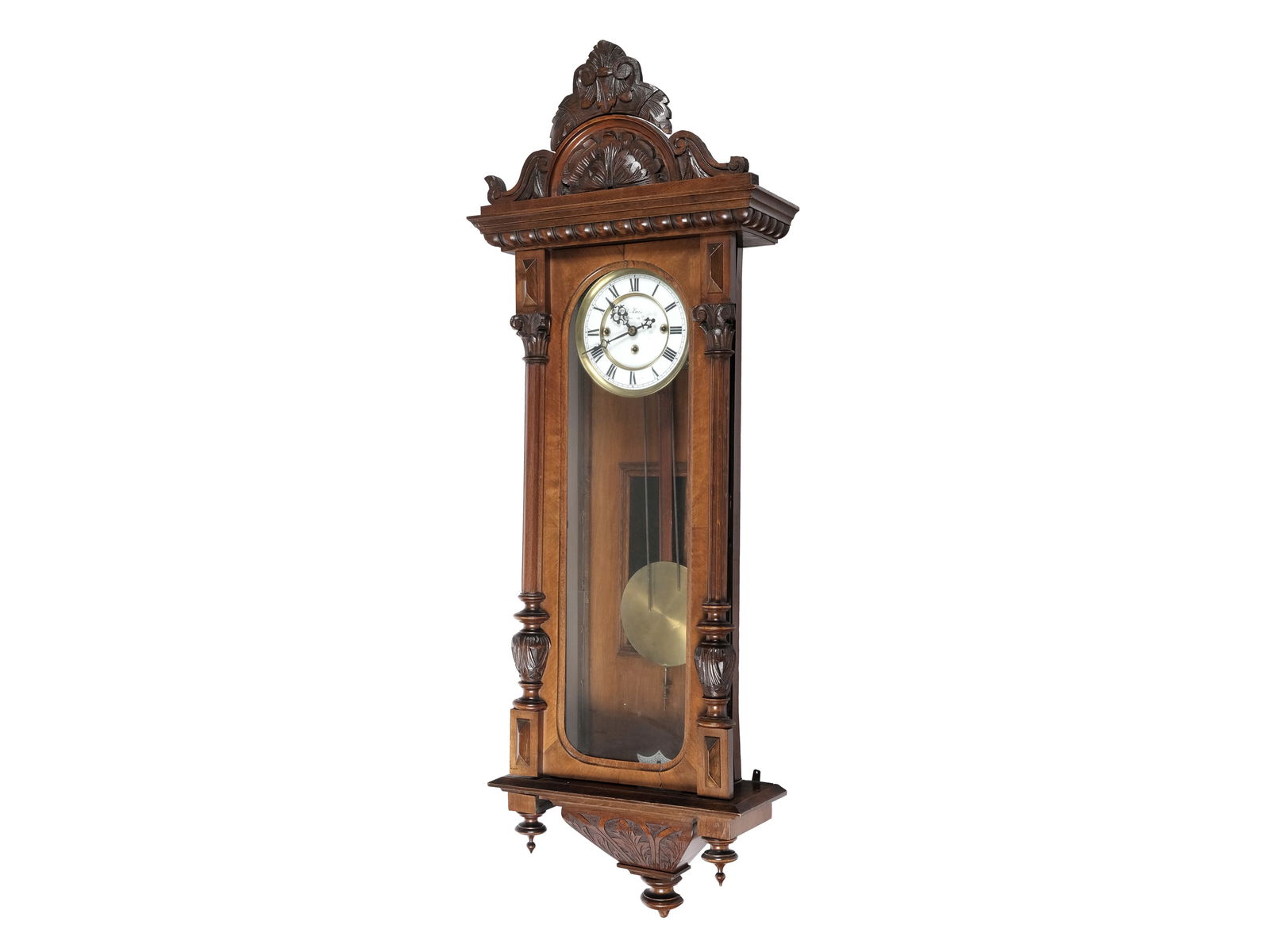 WALL CLOCK, AROUND 1870/80: Wall clockAround 1870/80Walnut case3 weights, 1 pendulumHeight 100 cmMovement not proved, no guarantee
