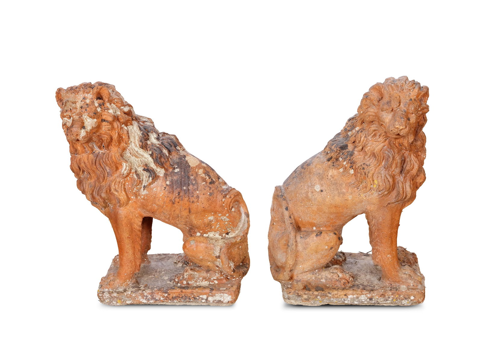 PAIR OF LIONS, CENTRAL ITALY: Pair of lionsCentral Italy16th/17th centuryTerracottaHeight 56 cm, length 40 cm, width 29 cm