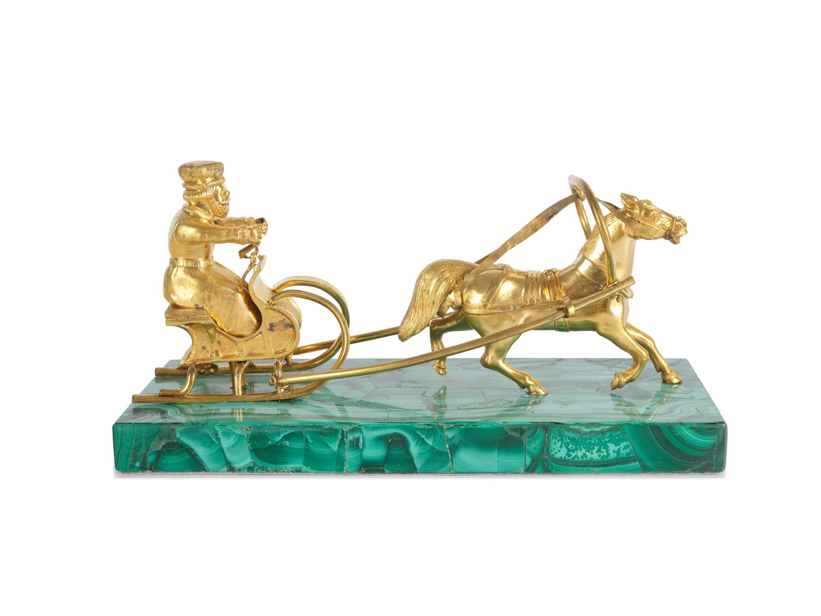 RUSSIA, SLEIGH RIDE: RussiaSleigh rideBronze, cast, chiseled, fire-gilt, on original malachite base Length 19 cm, width 8.5 cm, height 9.5 cm