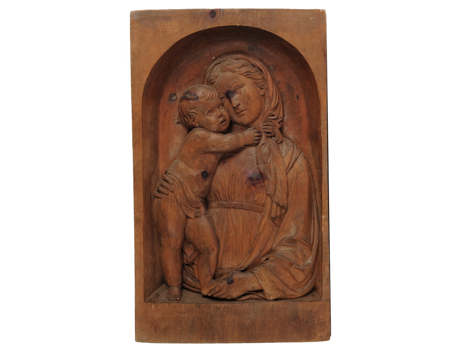 MARY WITH CHILD, RELIEF: Mary with Child Relief Carved from Swiss pine Height 56 cm, width 32 cm, depth 7.5 cm