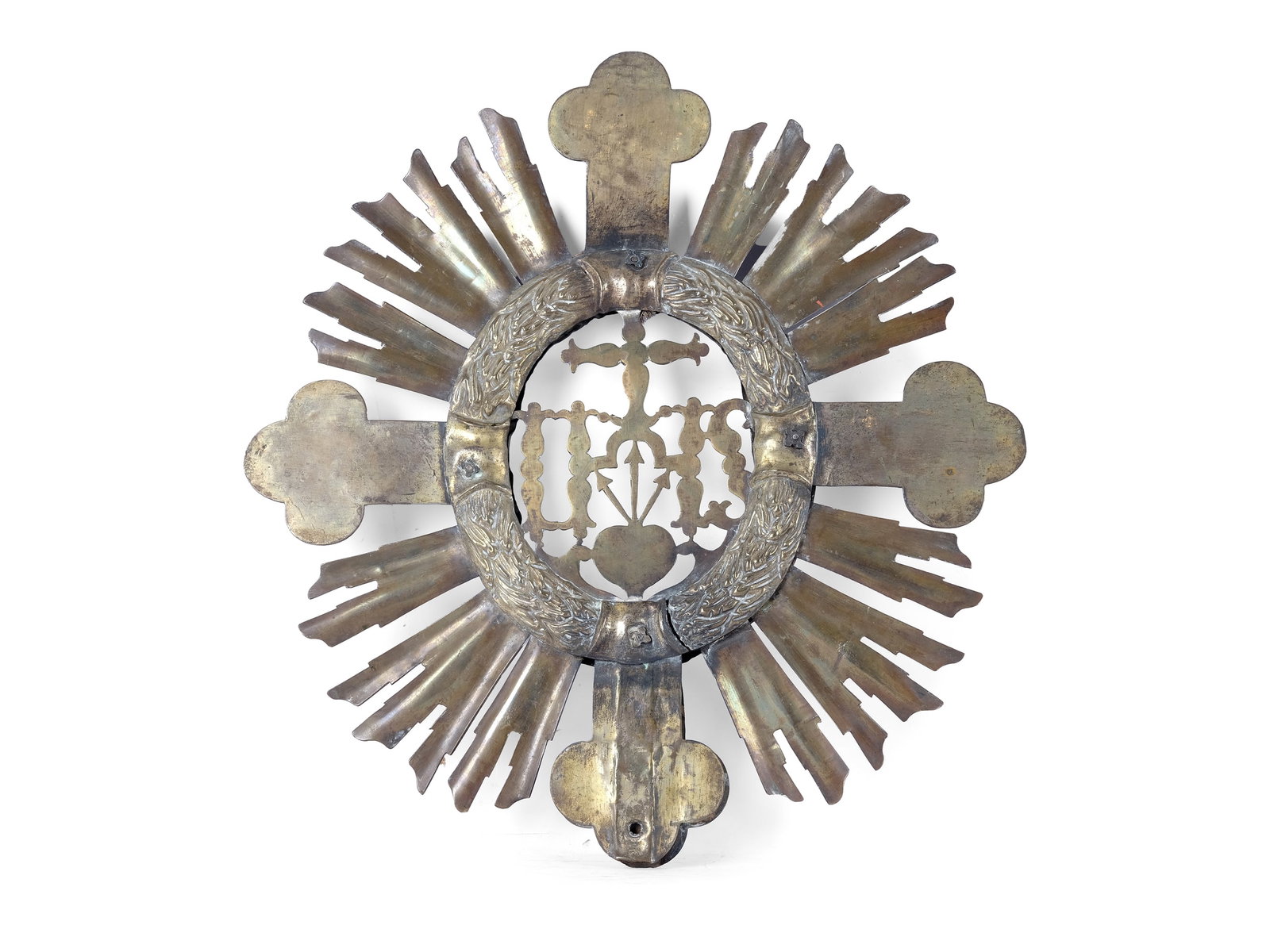 TOP OF A PROCESSION POLE, 18TH CENTURY: Top of a procession pole 18th century Brass, remnants of silver plating Height 40 cm, diameter 37.5 cm