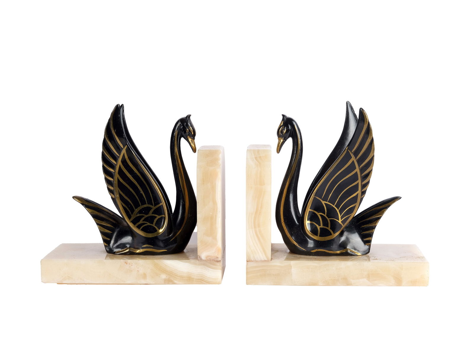 PAIR OF BOOKENDS, IN THE SHAPE OF SWANS: Pair of bookendsIn the shape of swansBronze, painted gold, stone baseLength 15 cm each, height 14.5 cm each