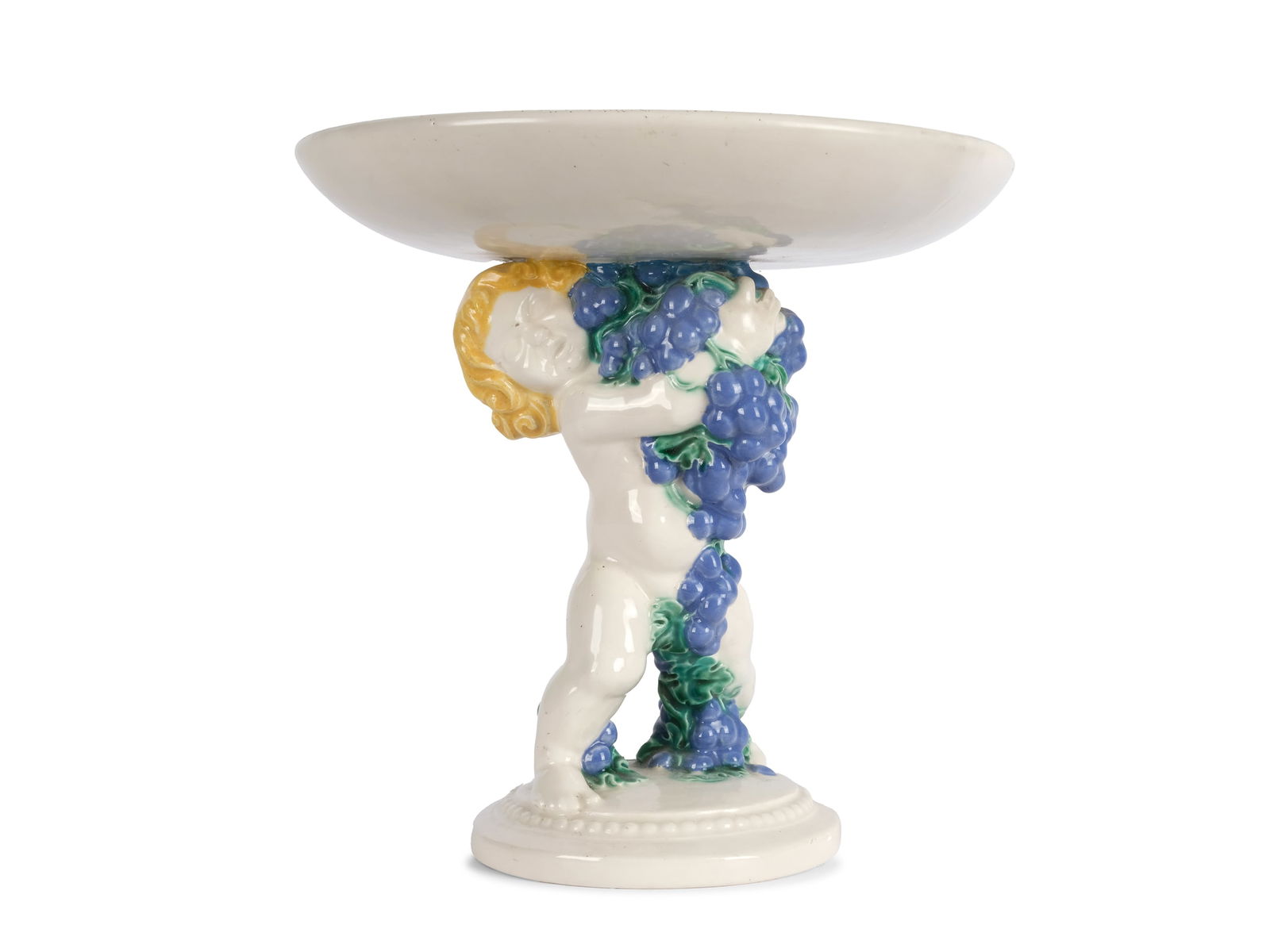 MICHAEL POWOLNY, JUDENBURG 1871 - 1954 VIENNA: Michael PowolnyJudenburg 1871 - 1954 ViennaViennese ceramicsCenterpiece with grape puttoDesigned around 1915Light-colored body, colorfully decorated Height 21.5 cm, diameter 21.5 cmMarked on the botto
