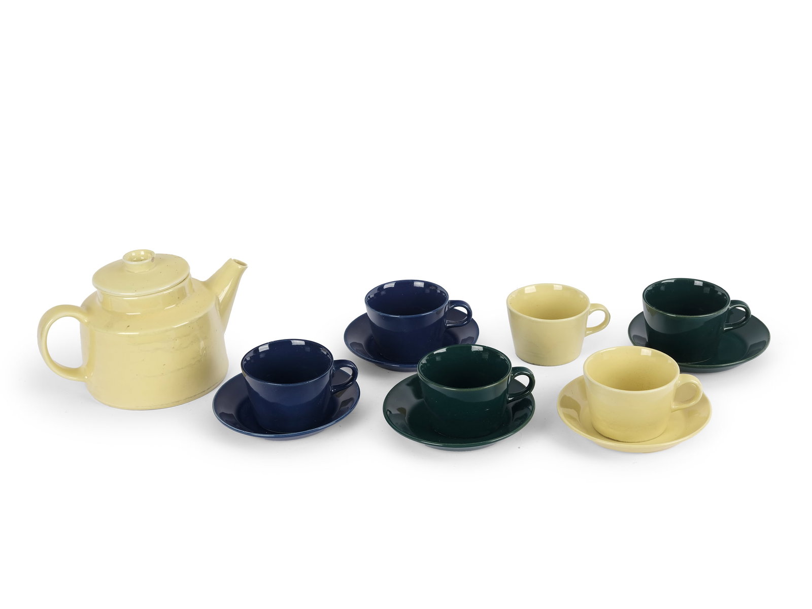 ARABIA CERAMICS, FINLAND AROUND 1960: Arabia ceramics Finland around 1960 Pot with 6 cups and 5 saucers Ceramic, yellow, blue, and green decoration Marked on the bottom Minimal chipping on the knob of the jug Height of jug 16 cm Online vi