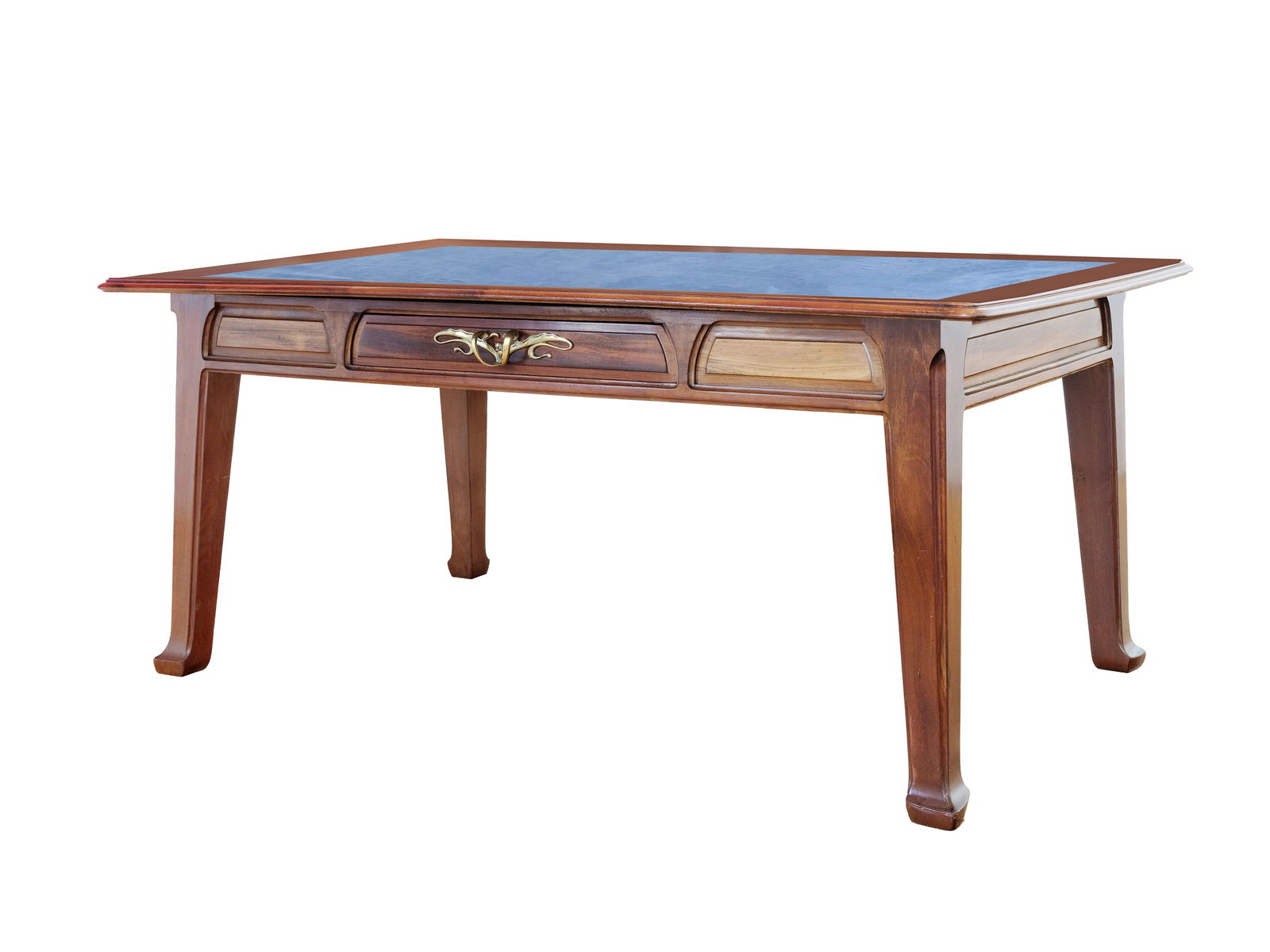 LOUIS MAJORELLE, 1859 - 1926, ATTRIBUTED: Louis Majorelle1859 - 1926, attributedPartner deskAround 1900/10Bureau plat for two peopleMahogany wood with slanted legsThe two drawers placed opposite each other with bronze handles in the shape of