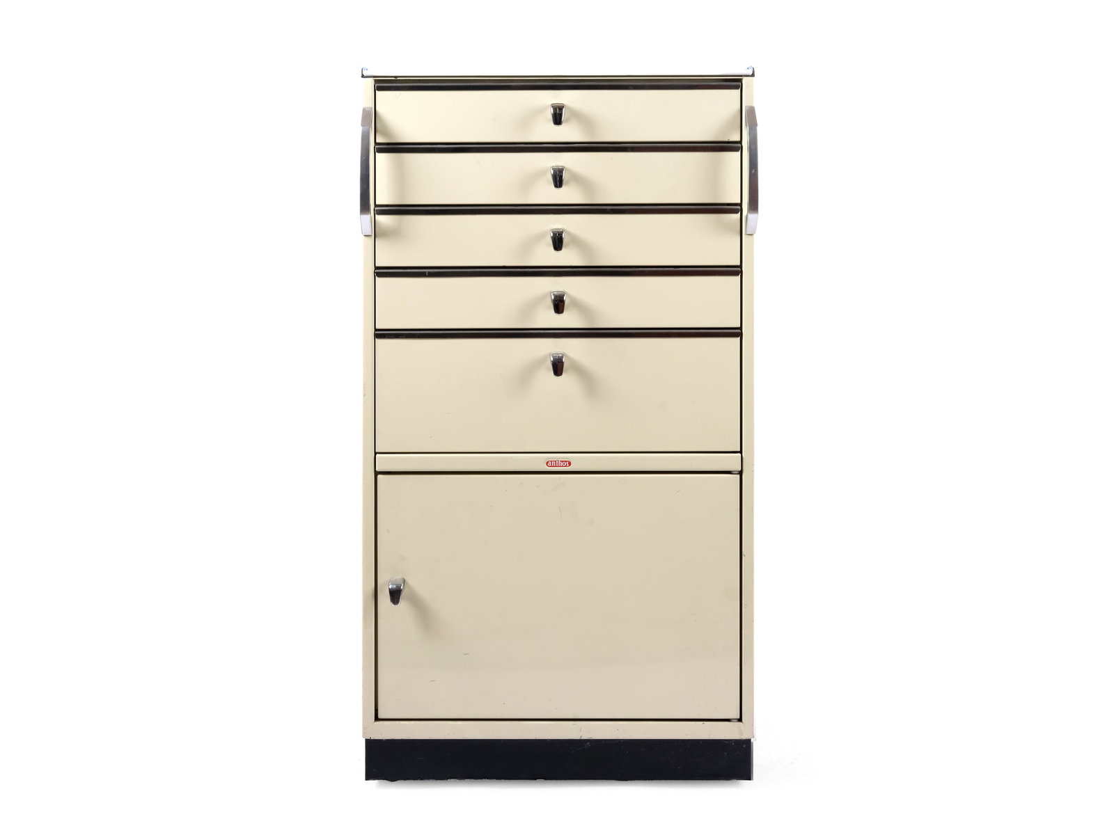 MEDICINE CABINET, 1960S/70S: Medicine cabinet 1960s/70s Brand ANTHOS Metal, coated On wheels Height 87 cm, width 49 cm, depth 42 cm Online viewing only!