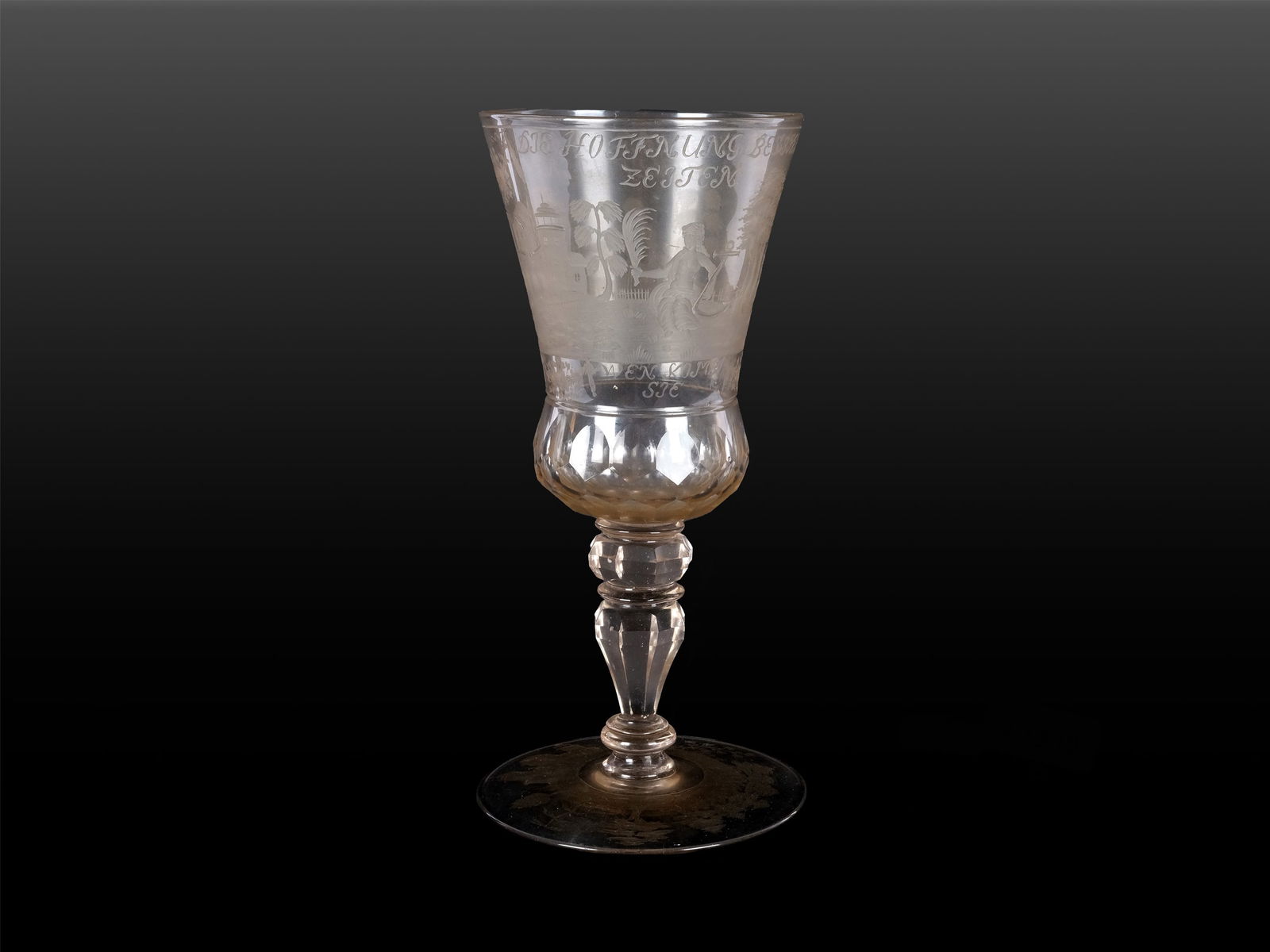 GLASS GOBLET, MID-18TH CENTURY: Glass gobletMid-18th centuryEngraved all aroundHeight 21 cm
