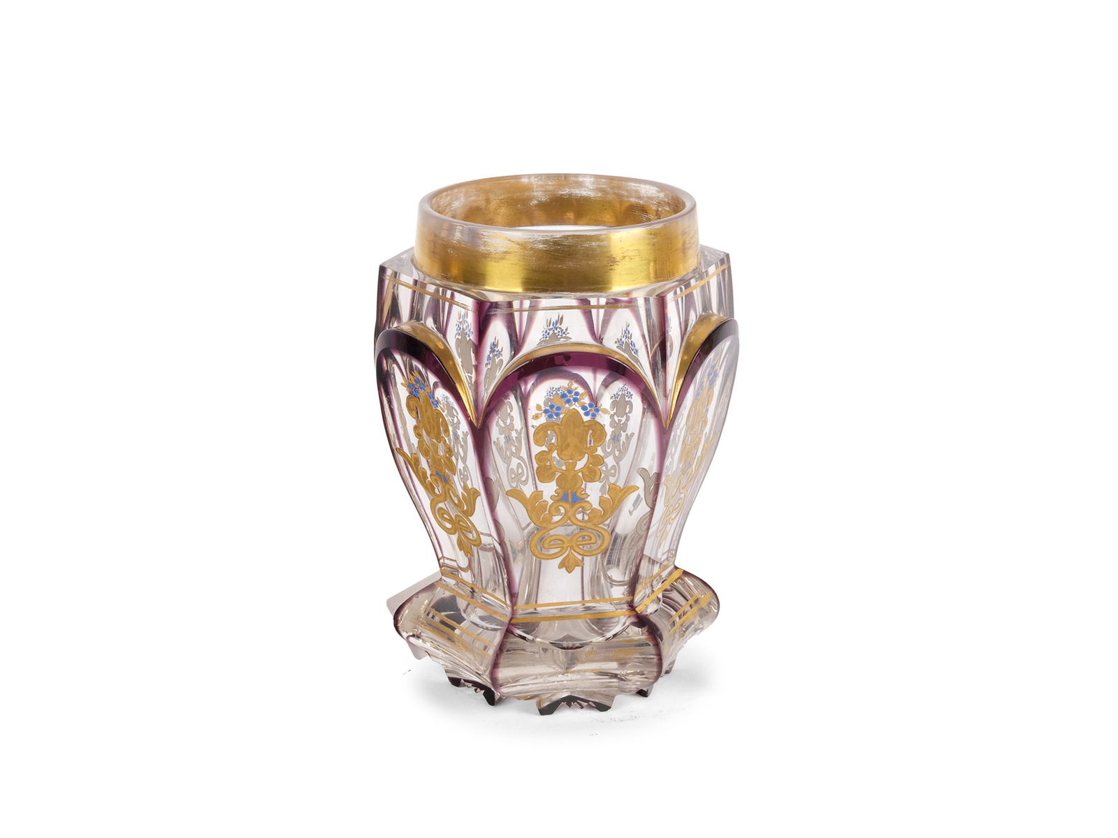PEDESTAL CUP WITH FORGET-ME-NOTS, BOHEMIA: Pedestal cup with forget-me-notsBohemiaAround 1840Height 12.2 cm