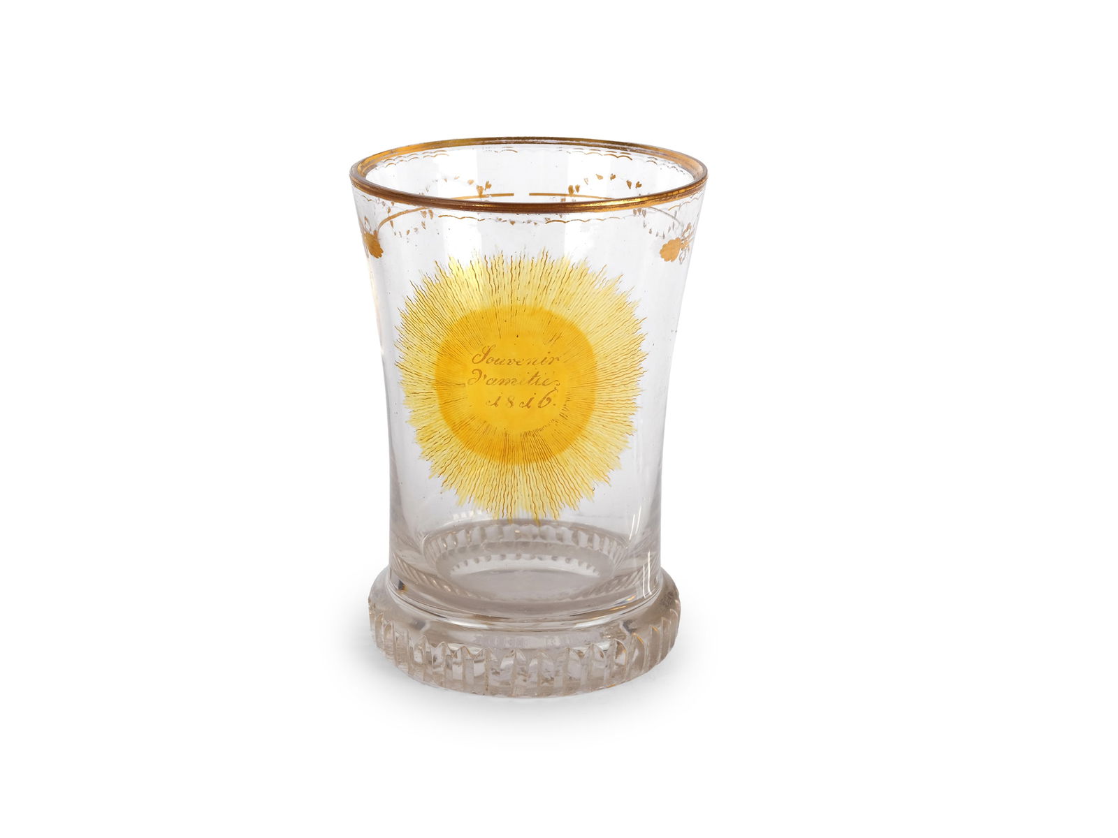 RANFT CUP WITH FRIENDSHIP SAYING, ANTON KOTHGASSER: Ranft cup with friendship sayingAnton KothgasserViennaDated 1816Colorless glass painted and giltHeight 10.5 cm