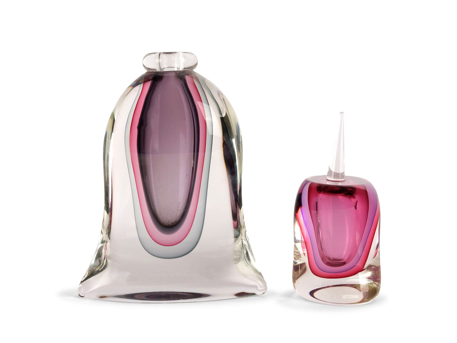 MICHELE ONESTO, MURANO, 1998: Michele OnestoMurano, 1998Two glass objectsColorless glass and colored glassHeight 19.5 cm and 14 cmSigned on the bottom