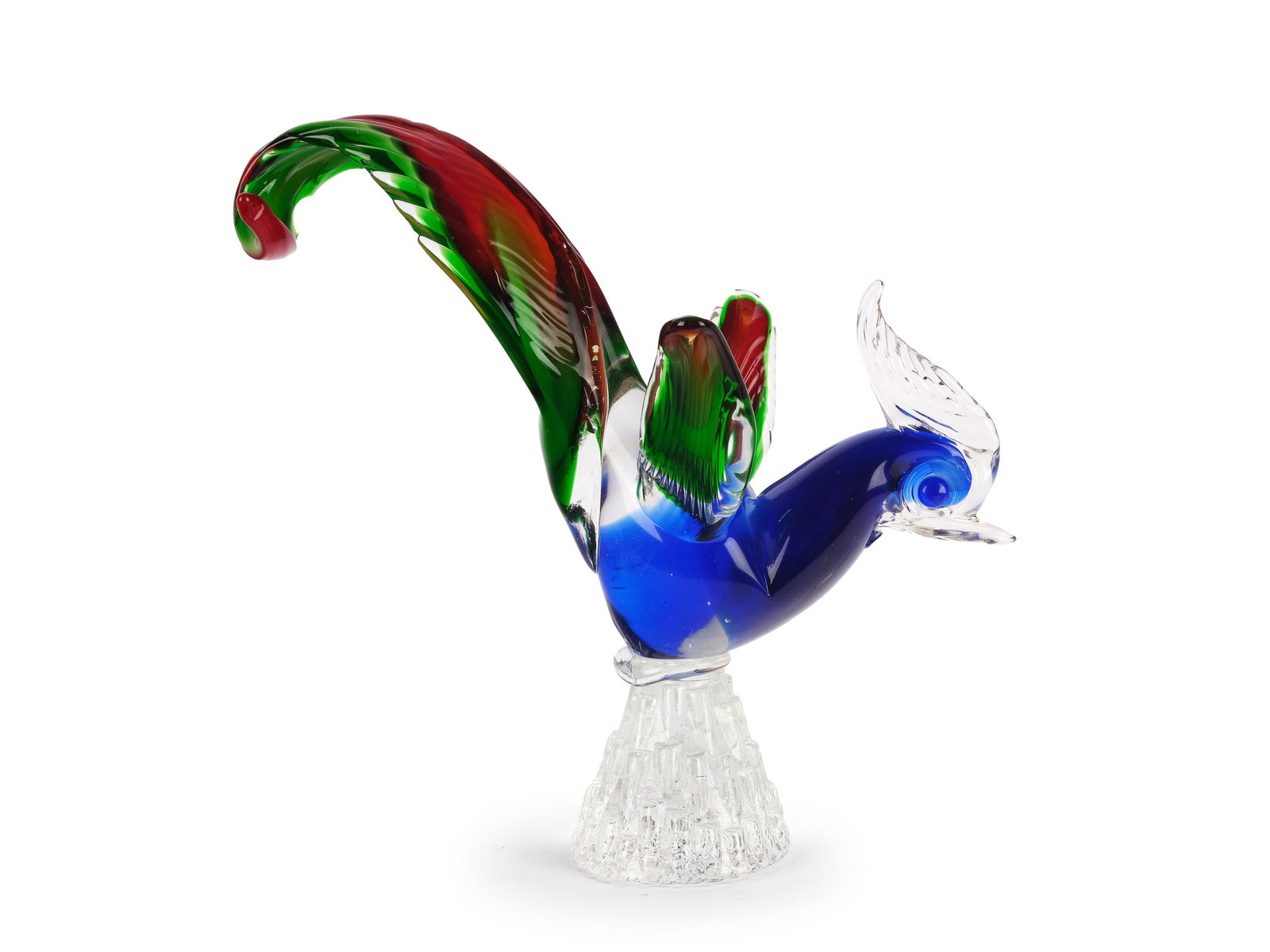 BIRD FIGURINE, MURANO: Bird figurine Murano Colorless and colorful glass Height 22 cm, length 25 cm