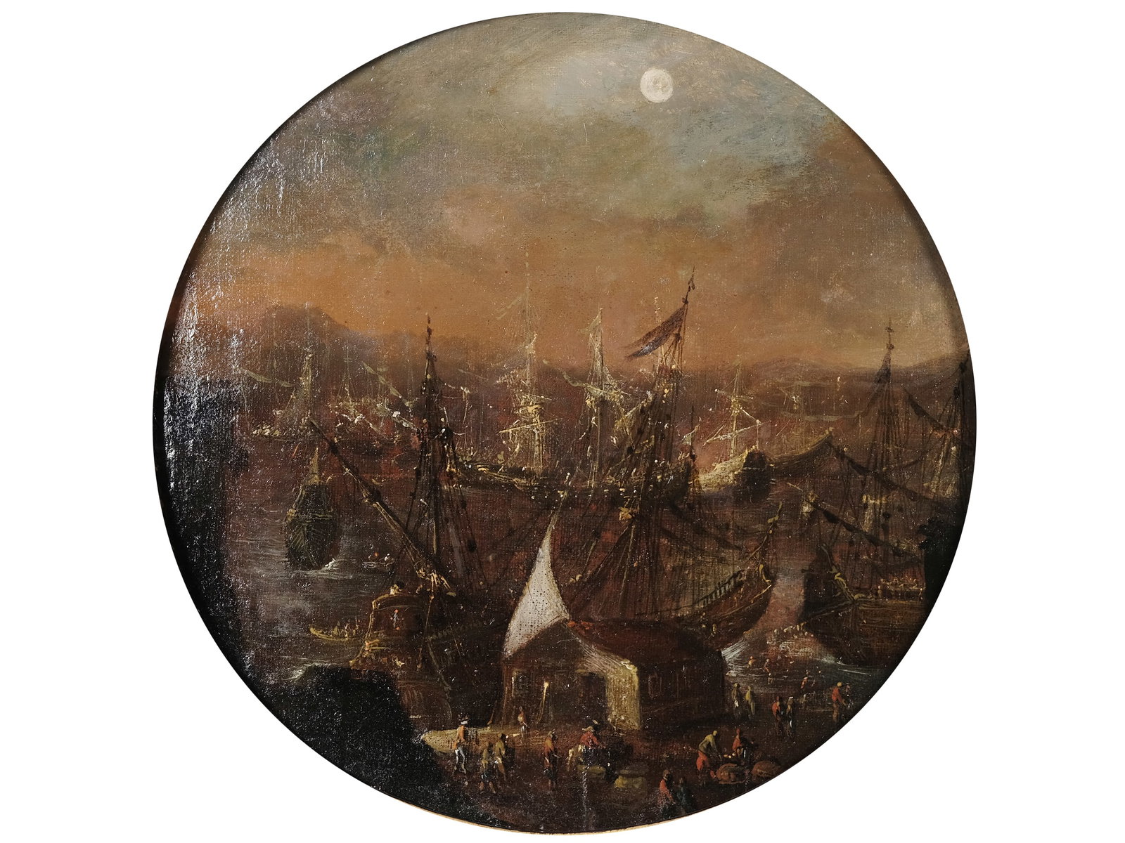 FRANCOIS DE NOME, KNOWN AS MONSÙ DESIDERIO, 1593 - 1620: Francois de Nome, known as Monsù Desiderio1593 - 1620ShipsFlemish17th centuryOil on canvas relined on woodDiameter 33.5 cm, with frame 60 x 60.5 cm