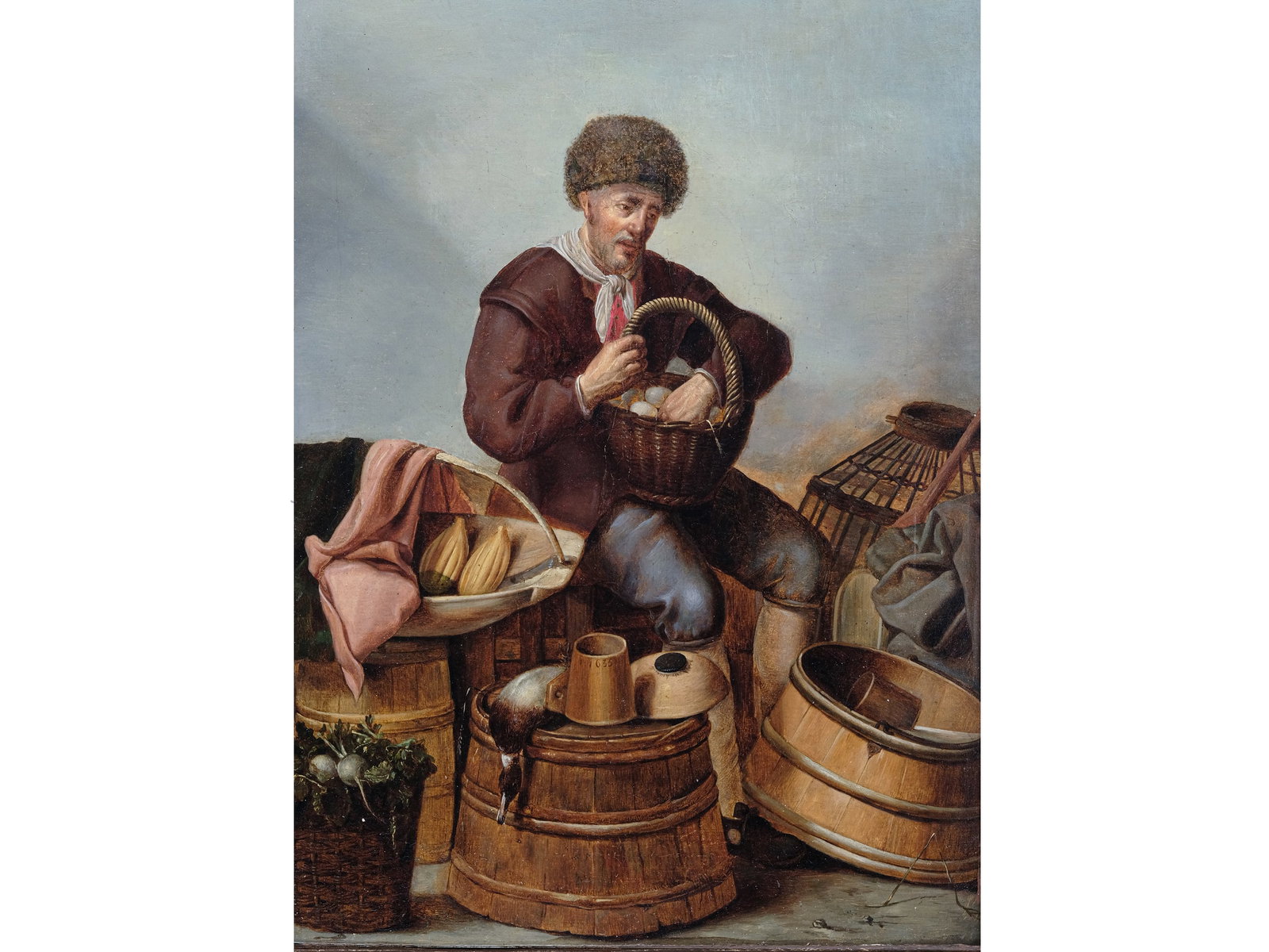 GERARD DONCK, 1600 - 1650, ATTRIBUTED: Gerard Donck1600 - 1650, attributedThe Egg SellerOil on canvas, relined39.5 x 28.5 cm, with frame 55.5 x 45 cmMonogrammed and dated 1635 in the center