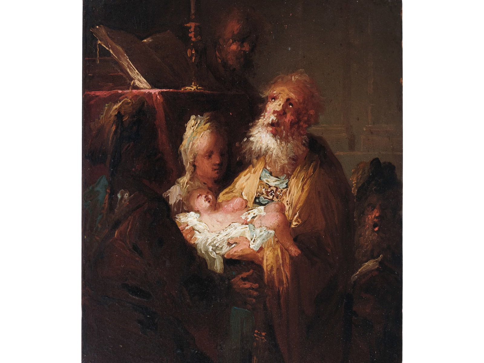 REMBRANDT VAN RIJN, 1606 - 1669, SCHOOL: Rembrandt van Rijn1606 - 1669, schoolSimeon and the Infant JesusOil on wood21.5 x 19 cmRembrandt Harmensz van Rijn, one of the most significant painters of the Dutch Baroque, had a lasting impact on 1
