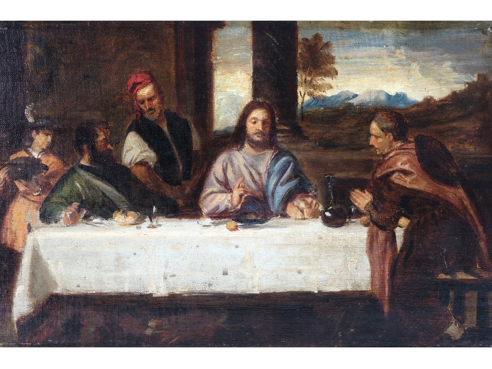 THE LAST SUPPER, HIGH-QUALITY COPY AFTER TITIAN: The Last SupperHigh-quality copy after Titian18th centuryOil on canvas, relined23 x 35.3 cm