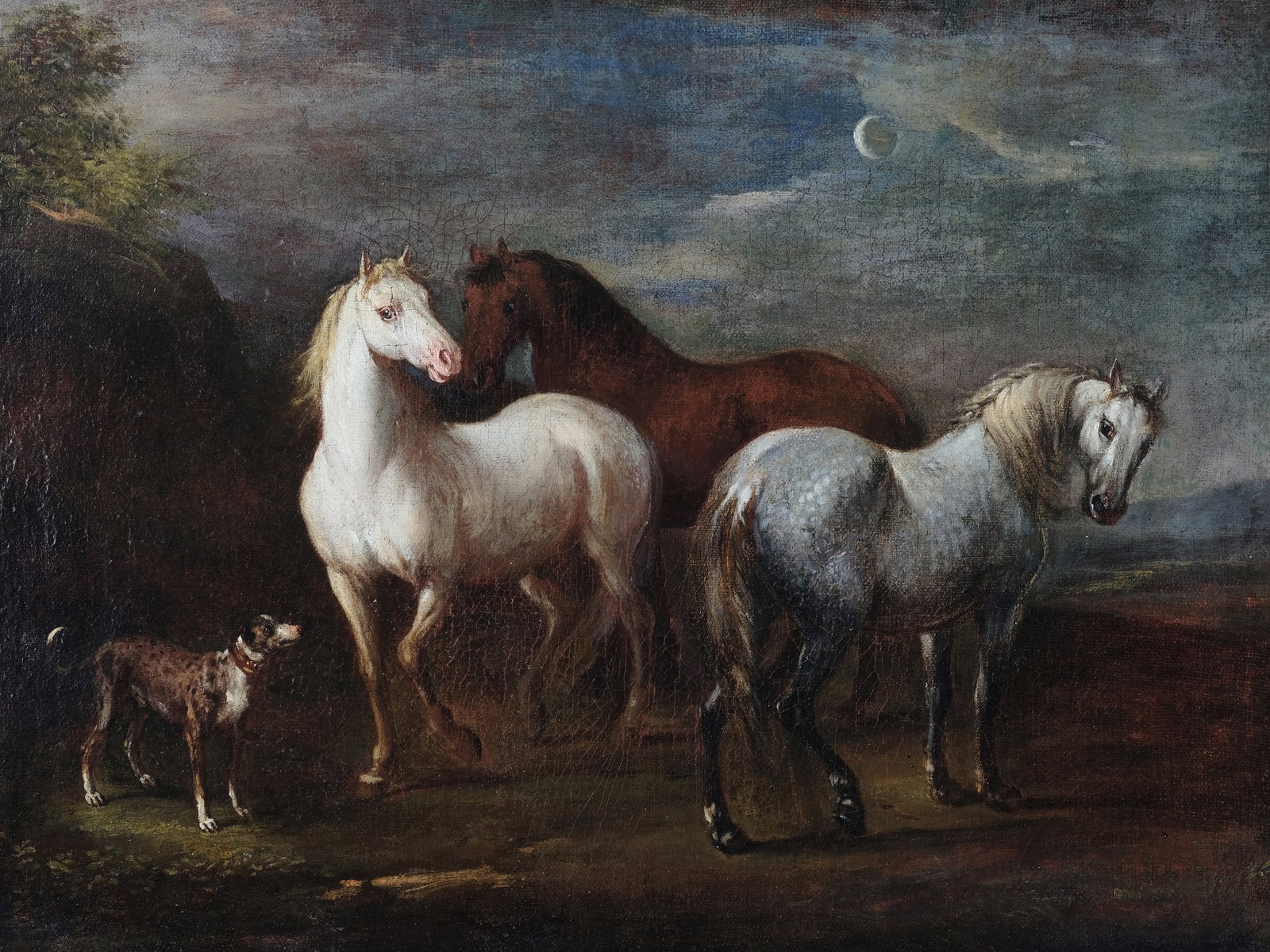 JOHANN GEORGE VON HAMILTON, 1672 - 1737, SCHOOL: Johann George von Hamilton1672 - 1737, SchoolThree Horses in Moonlight18th centuryOil on canvas49 x 66 cm, with frame 63 x 80.5 cm
