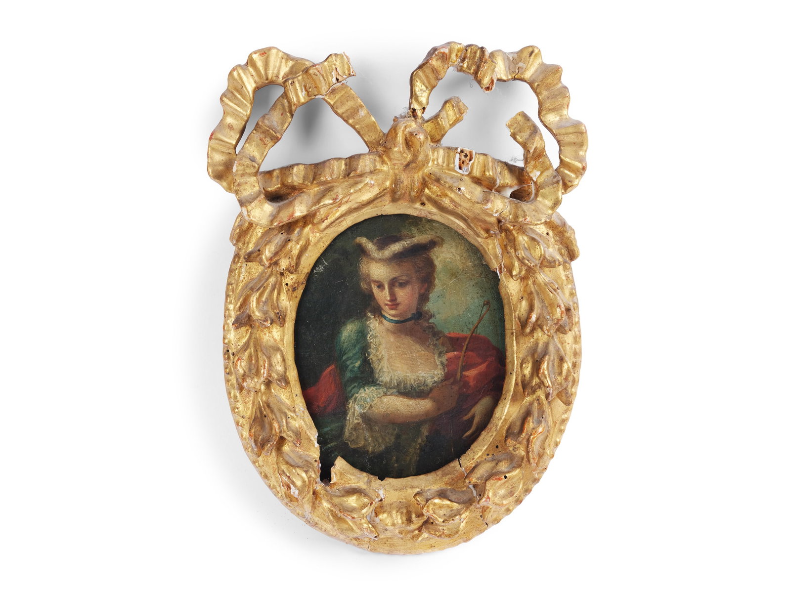 PORTRAIT OF A NOBLEWOMAN, MINIATURE: Portrait of a Noblewoman Miniature Oil on copper 16.1 x 12.5 cm, with frame 25.5 x 18.5 cm Frame: carved and gilded wood, damaged