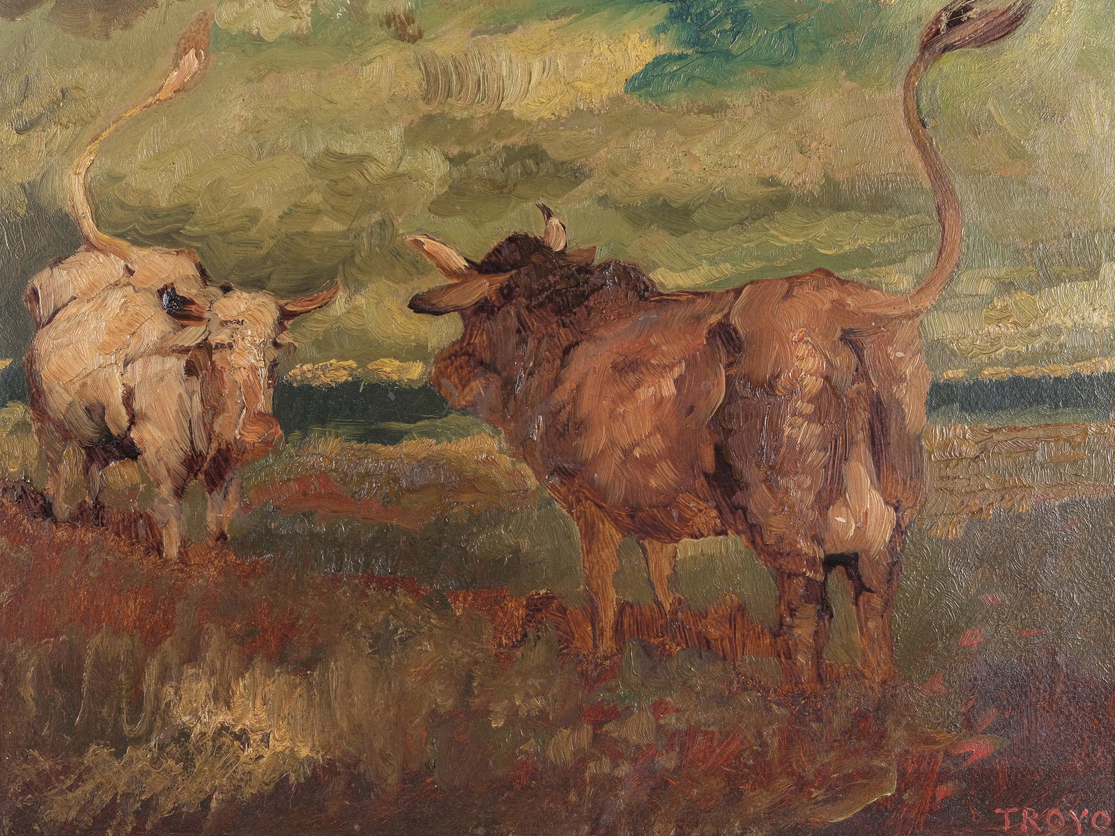 CONSTANT TROYON, 1810 - 1865: Constant Troyon1810 - 1865Study of Bulls in a LandscapeOil on cardboard33.5 x 43.5 cm, with frame 42.5 x 52 cmSigned lower right