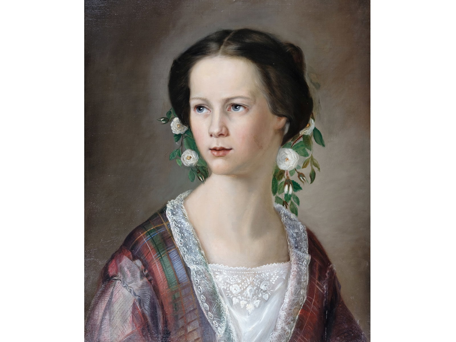 PORTRAIT OF A GIRL WITH ROSES IN HER HAIR, BIEDERMEIER: Portrait of a Girl with Roses in Her HairBiedermeierOil on canvas, relined58 x 46 cm, with frame 69 x 58 cm