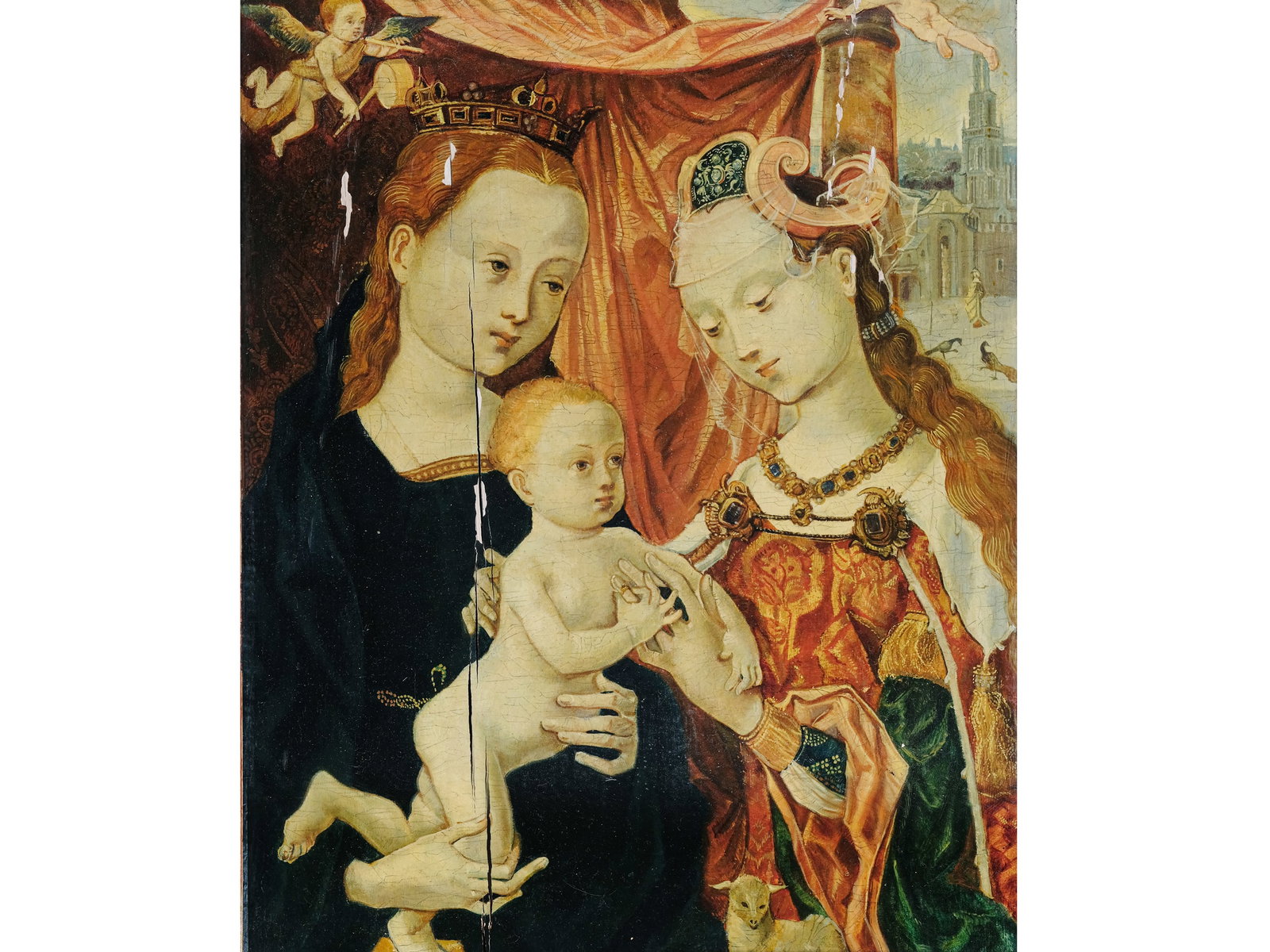 BETROTHAL OF SAINT AGNES, 19TH CENTURY: Betrothal of Saint Agnes19th centuryOil on wood44.5 x 36 cm, with frame 53.5 x 44.5 cmDamaged