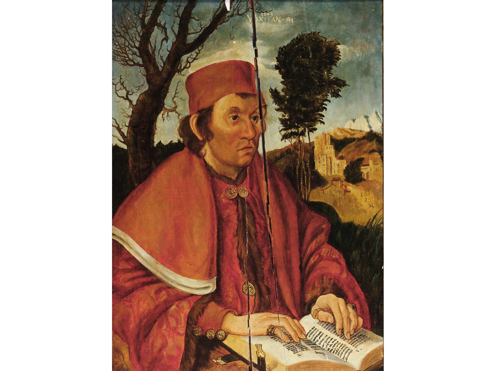 COPY AFTER LUCAS CRANACH, 19TH CENTURY: Copy after Lucas Cranach19th centuryPortrait of a Lawyer Oil on wood54 x 40.5 cm, with frame 70 x 55 cmDamaged