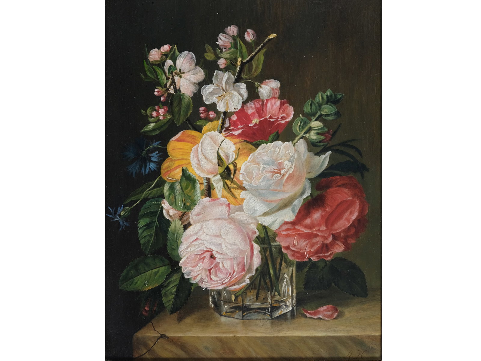 UNKNOWN PAINTER, FLOWER STILL LIFE IN THE BIEDERMEIER STYLE: Unknown painterFlower still life in the Biedermeier styleOil on wood31.5 x 25 cm, with frame 49.5 x 42.5 cmMonogrammed AH lower rightIn a magnificent Empire frame circa 1820/30, originally carved and