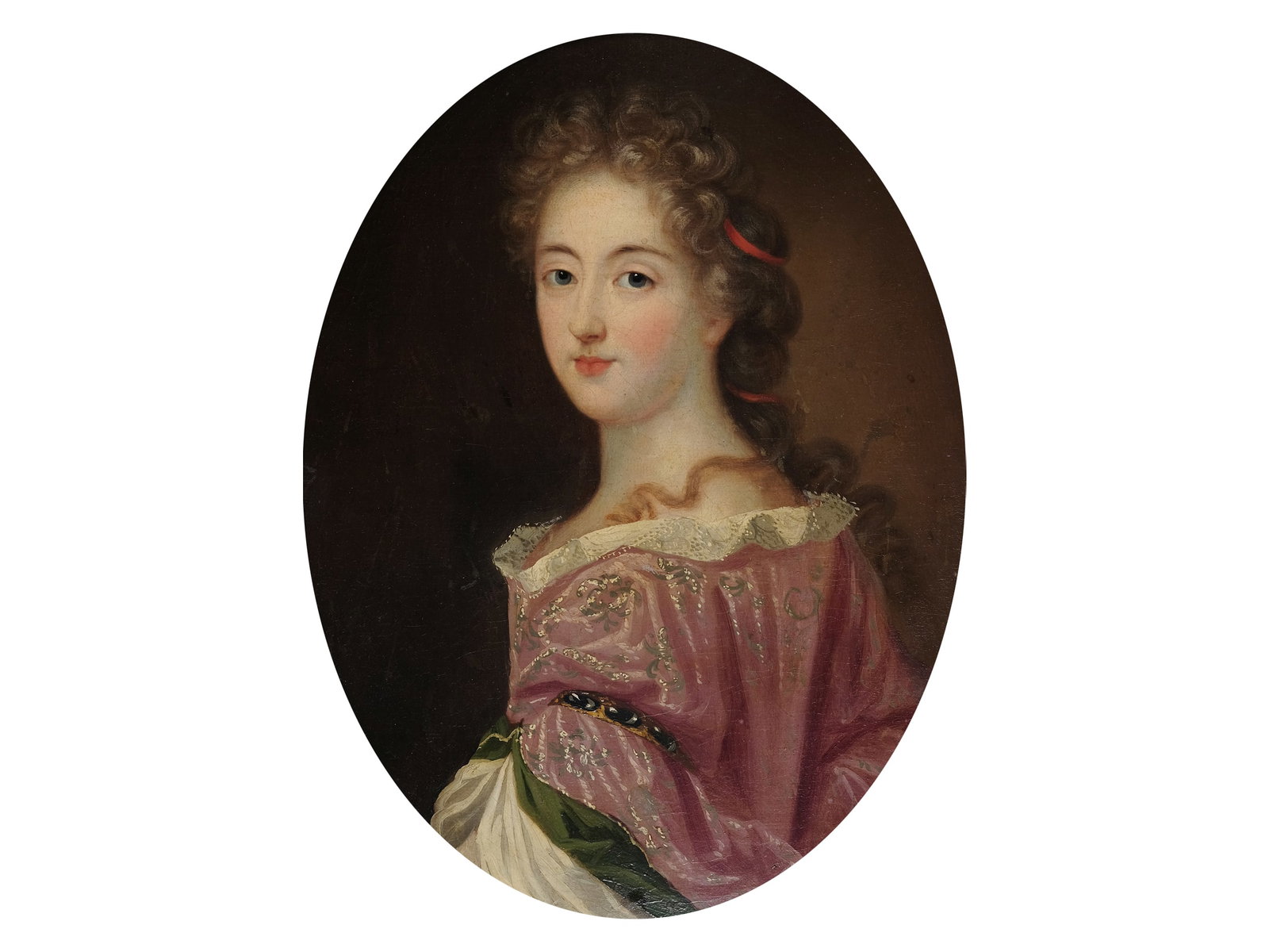 UNKNOWN PAINTER, PORTRAIT OF A NOBLEWOMAN: Unknown painterPortrait of a noblewomanMademoiselle de Commeros19th centuryOil on canvas, relined49 x 32.5 cm, with frame 52.5 x 42.5 cmLabel on the back