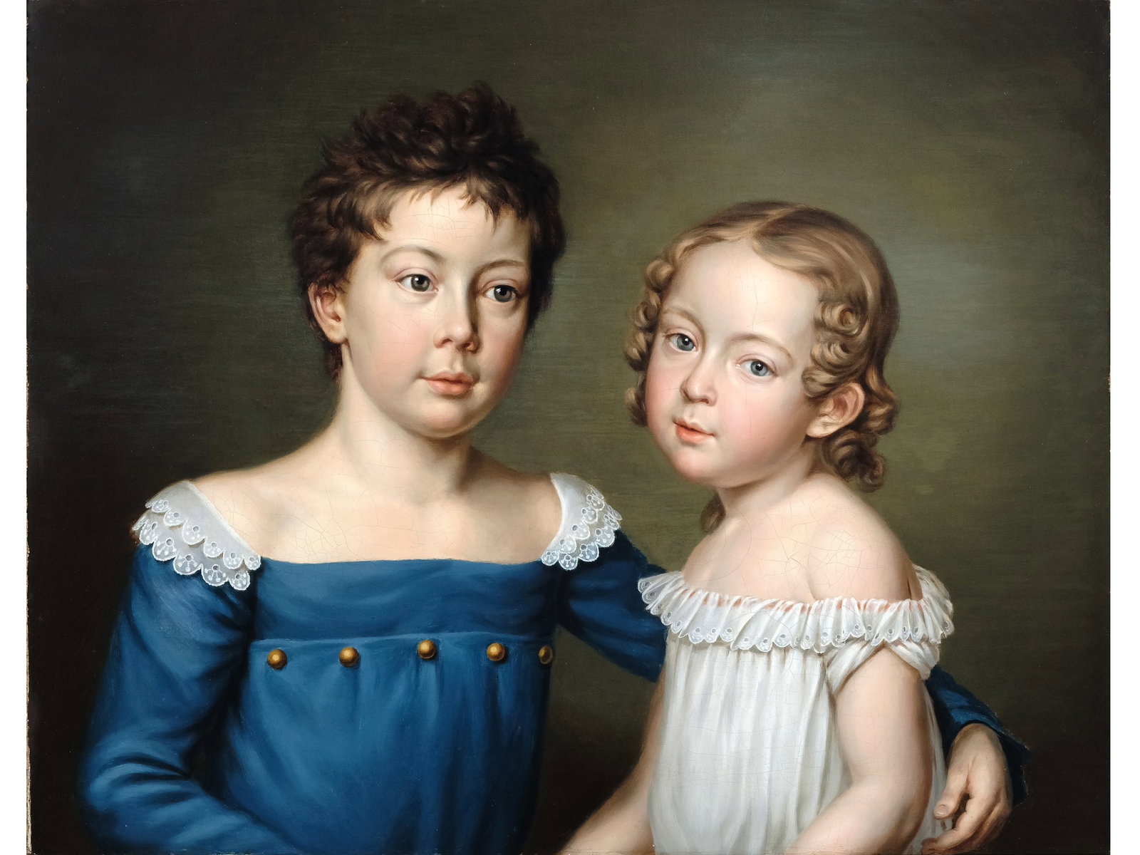 PISSLING SIBLINGS, BIEDERMEIER, 19TH CENTURY: Pissling SiblingsBiedermeier, 19th centuryOil on canvas, relined52.5 x 65 cm, with frame 67.5 x 79.5 cmSigned on the back of the stretcher and labeled