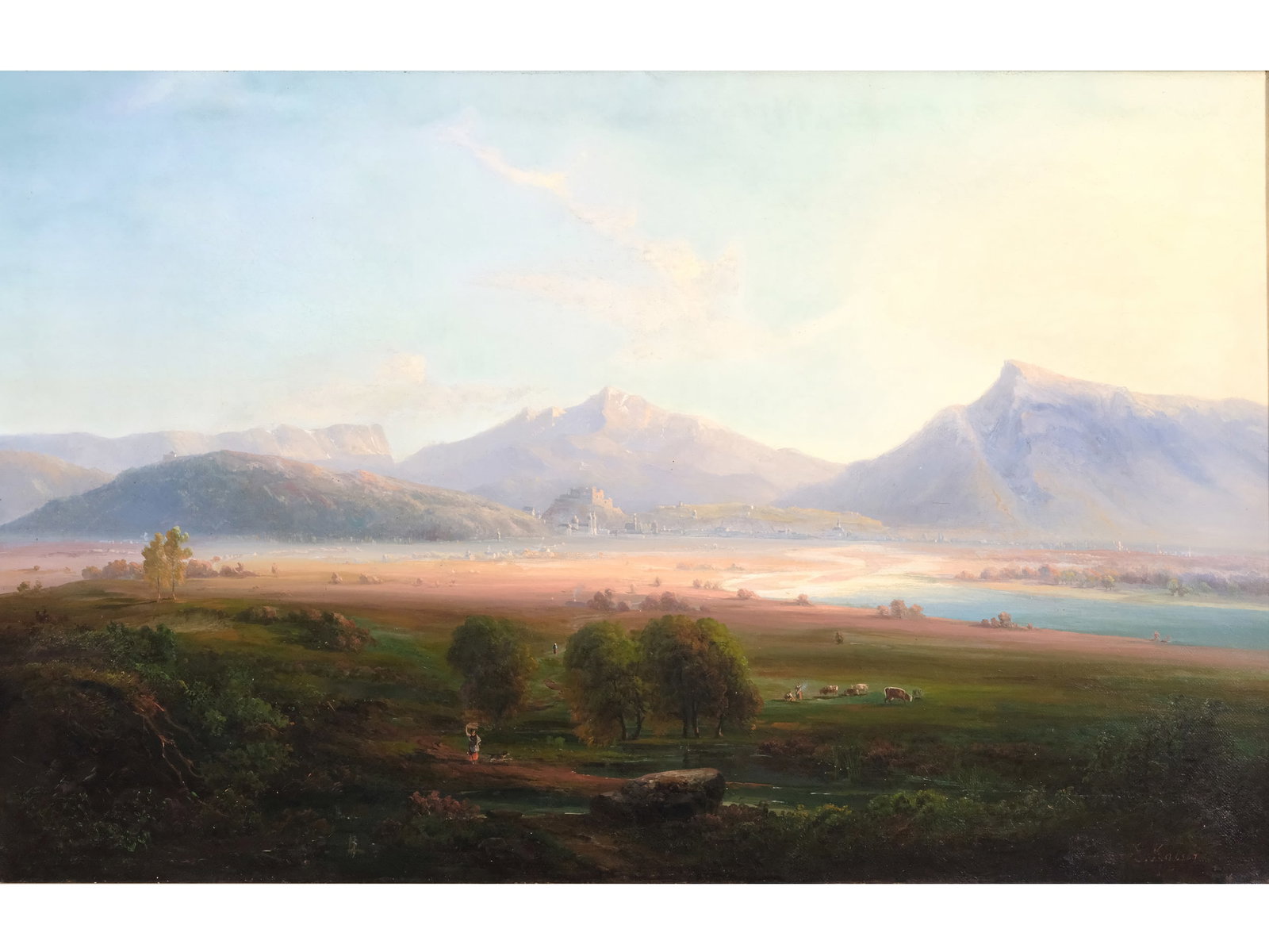 ERNST KAISER, 1803 - 1865: Ernst Kaiser1803 - 1865The Salzach ValleyOil on canvas, relined53 x 82.5 cm, with frame 64.5 x 92.5 cmSigned lower right