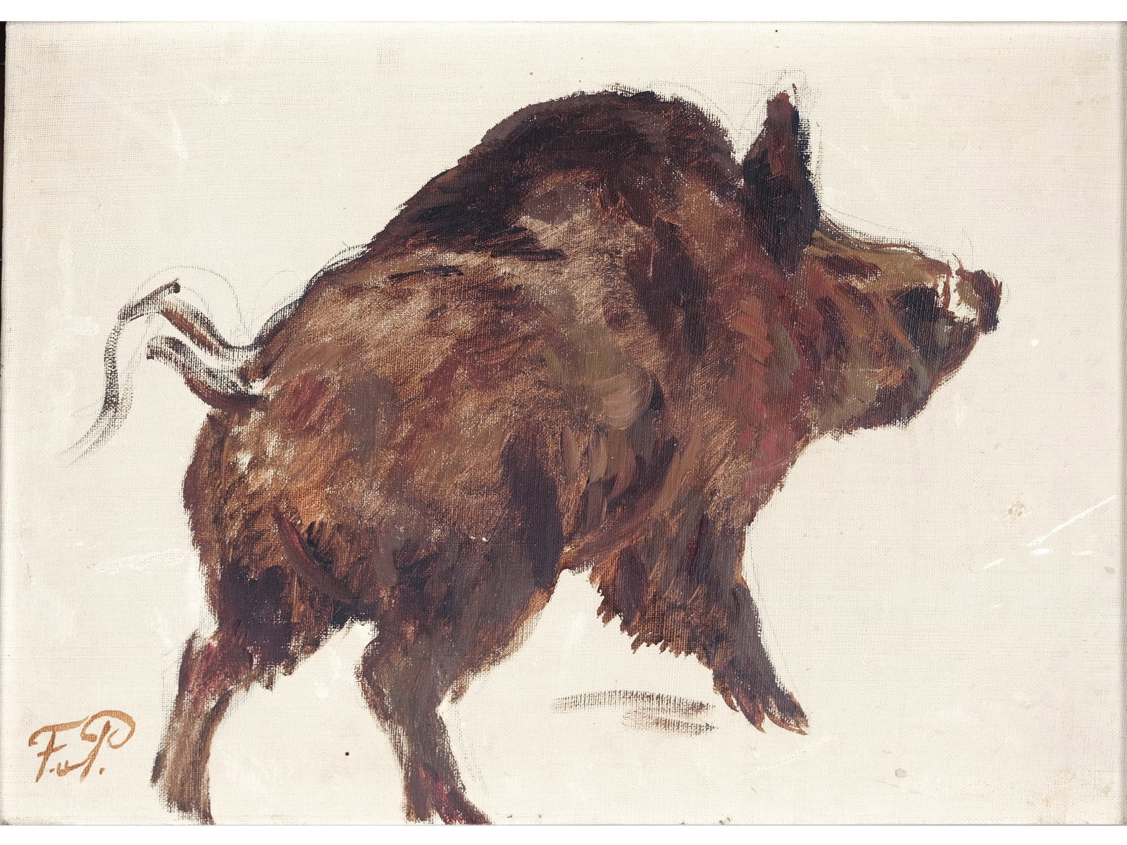 FRANZ XAVER VON PAUSINGER, 1839 - 1915: Franz Xaver von Pausinger1839 - 1915Wild BoarOil on canvas on panel28.5 x 40.5 cm, with frame 42 x 54 cmMonogrammed F.P. lower left