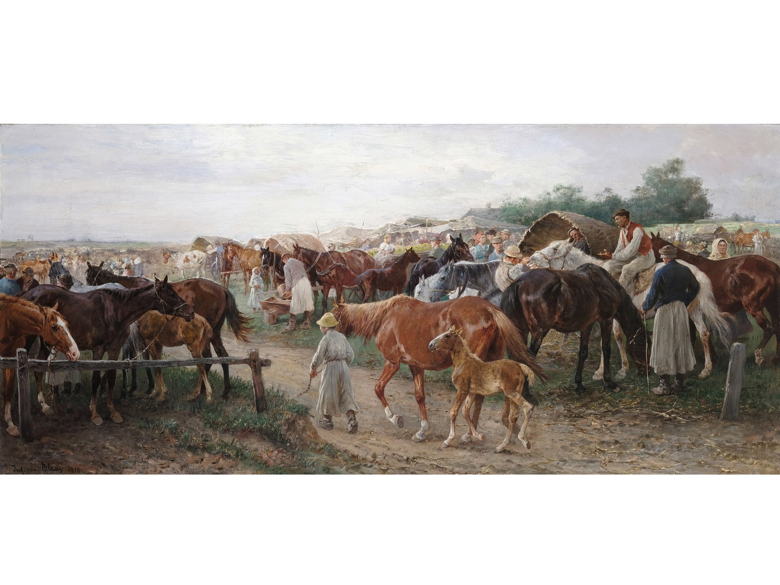 JULIUS VON BLAAS, 1845 - 1922: Julius von Blaas1845 - 1922Horse MarketOil on canvas70 x 151 cm, with frame 85 x 167 cmSigned and dated 1910 lower leftExhibited: Vienna Kuenstlerhaus in 1910, No. 1206On the reverse:Original label