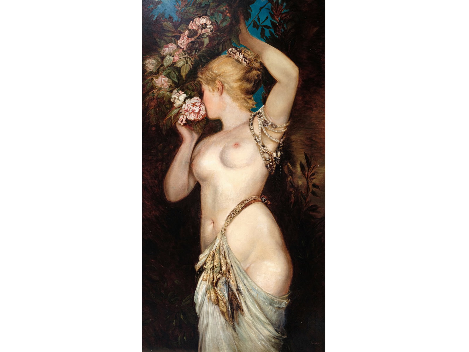 HANS MAKART, 1840 - 1884, SCHOOL: Hans Makart1840 - 1884, SchoolThe Sense of SmellFrom the series "The Five Senses" Oil on canvas155 x 79.5 cm, with frame 168 x 95 cmSee Belvedere ViennaHans Makart is one of the most significant