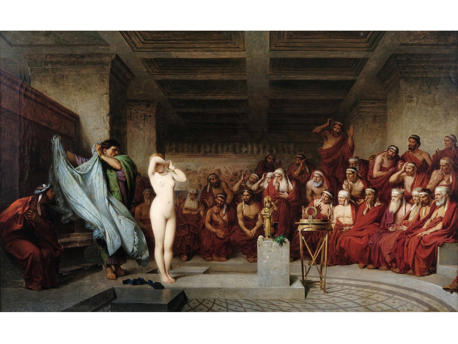 JEAN - LEON GERÔME, 1824 - 1904, CIRCLE OF: Jean - Leon Gerôme1824 - 1904, Circle ofPhryne before the AreopagusHigh - quality copy, circa 1870/80Oil on canvas71.5 x 114 cm, with frame 87 x 131 cmThe French painter Jean Leon Gerôme is one of