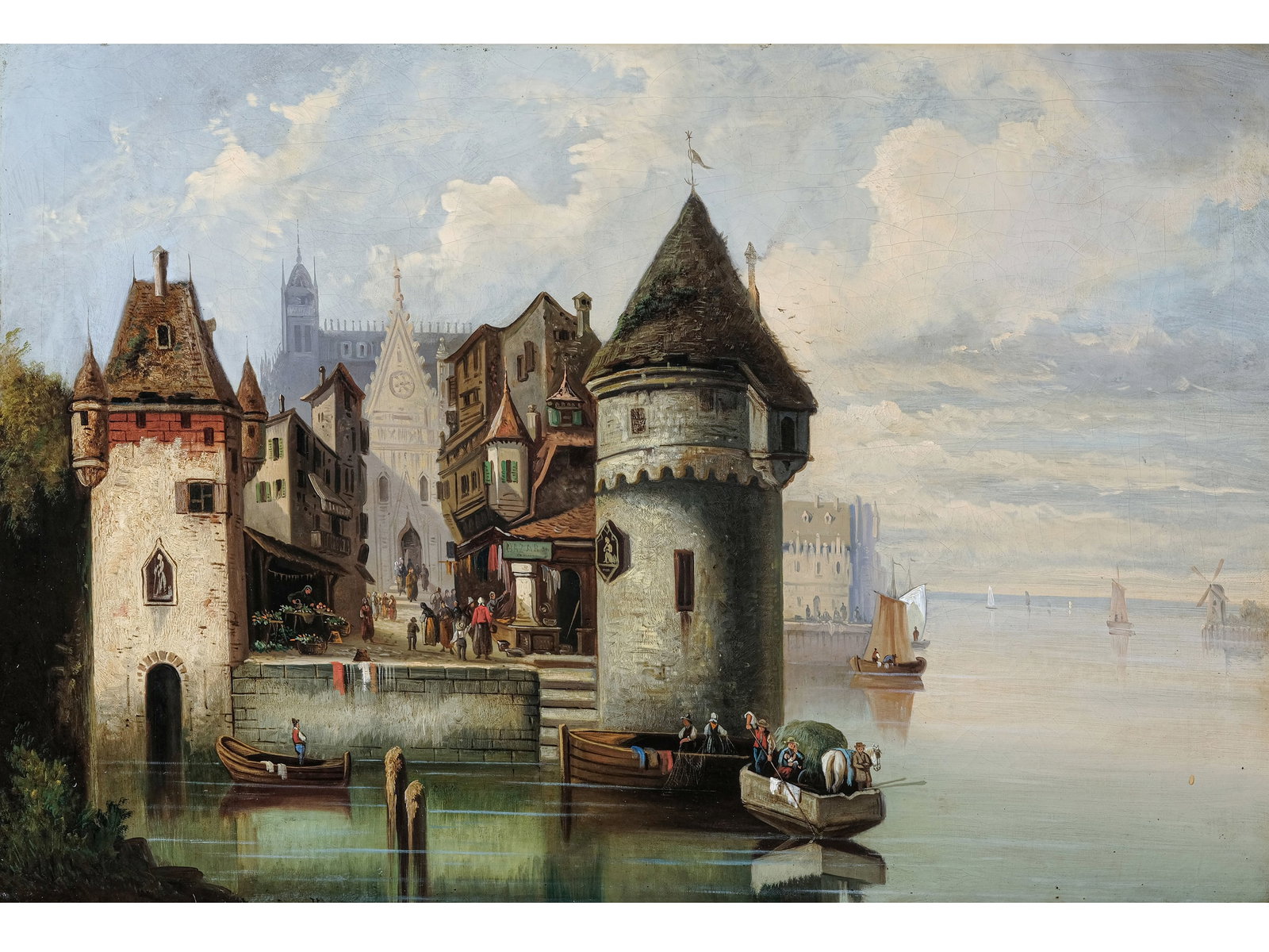 KARL KAUFMANN, 1843 - 1905, ATTRIBUTED: Karl Kaufmann1843 - 1905, attributed City by the RiverOil on canvas60 x 89 cm, with frame 87 x 116 cmIn ornate frameDamaged