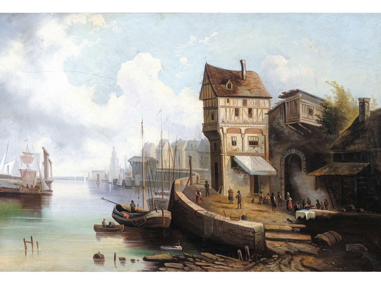 TOWN BY THE RIVER, OIL ON CANVAS: Town by the RiverOil on canvas60 x 89 cm, with frame 87 x 116 cmIn ornate frameDamaged
