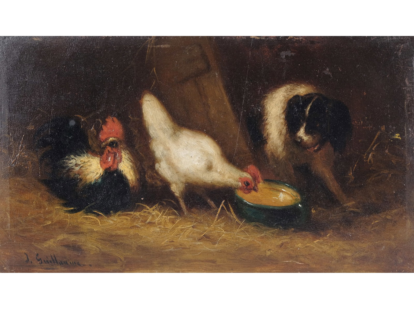 J. GUILLAUME, ACTIVE 1840 - 1890: J. GuillaumeActive 1840 - 1890The Dog in the Chicken CoopOil on wood14 x 25 cmSigned lower left