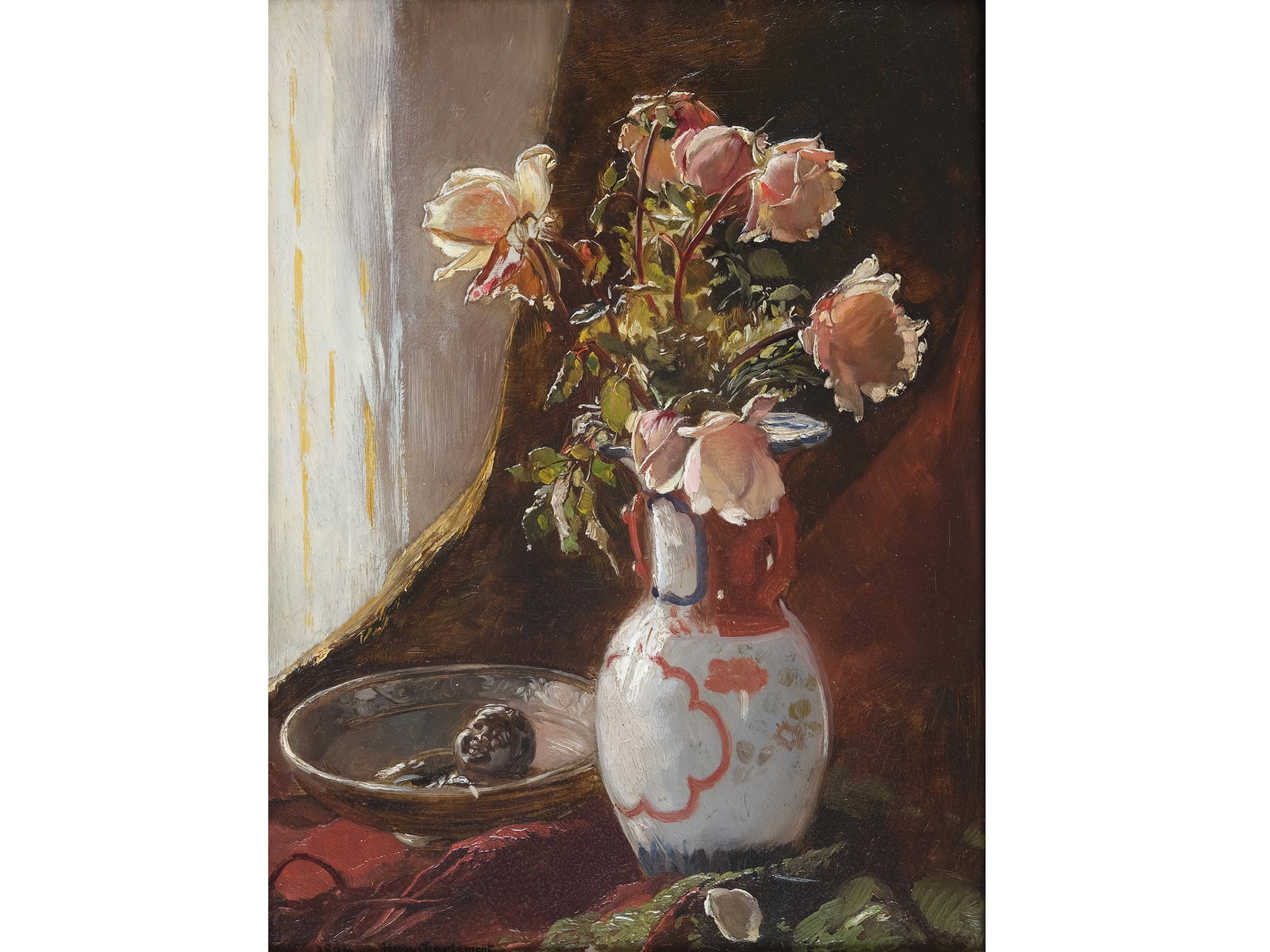 HUGO CHARLEMONT, 1850 - 1939: Hugo Charlemont1850 - 1939Still Life with RosesOil on wood27 x 21 cm, with frame 40.8 x 35 cmSigned and dated 1894 lower left