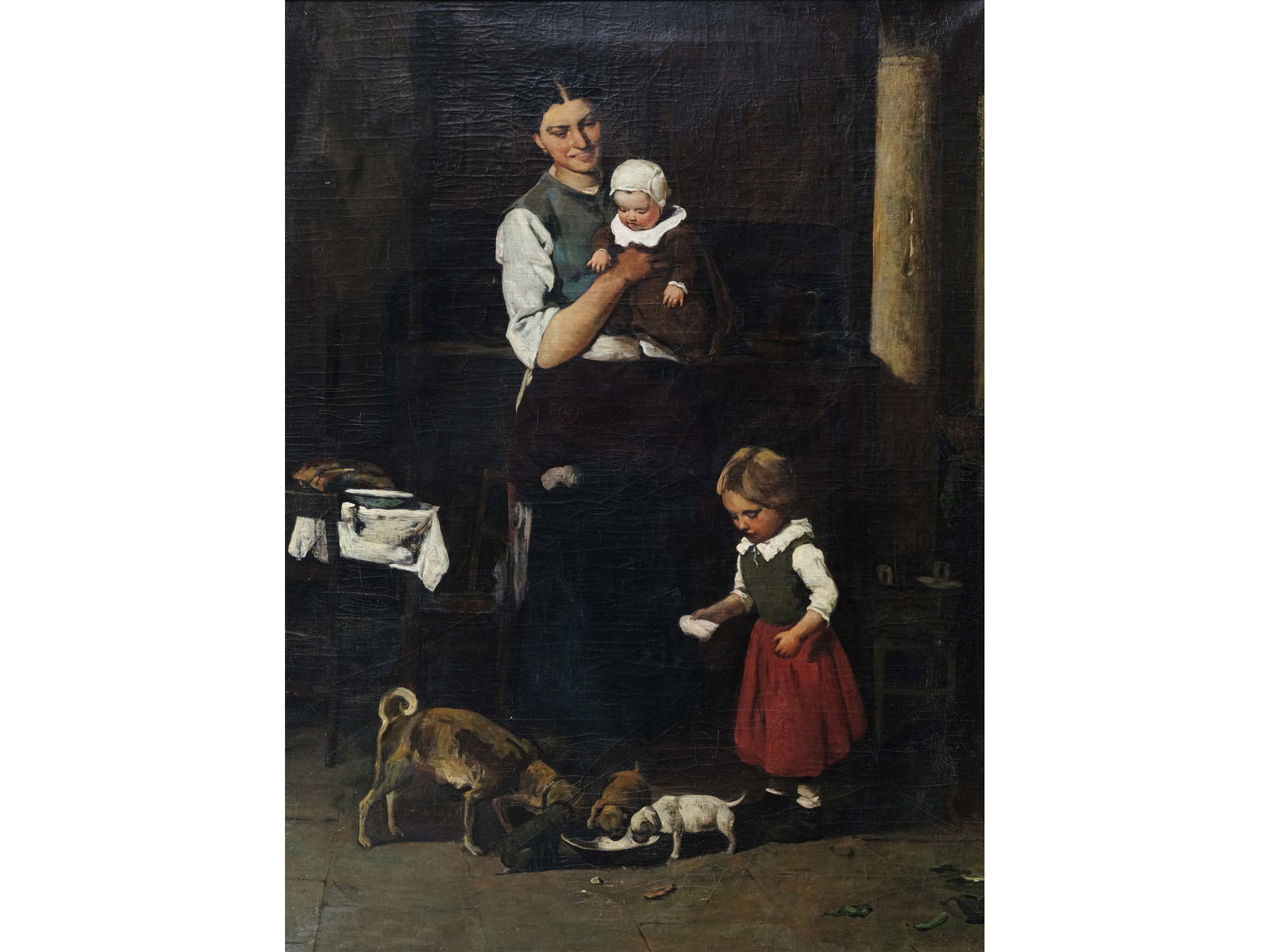 FEEDING THE DOG, OIL ON CANVAS, RELINED: Feeding the DogOil on canvas, relined117.8 x 88 cm, with frame 129.8 x 103 cm
