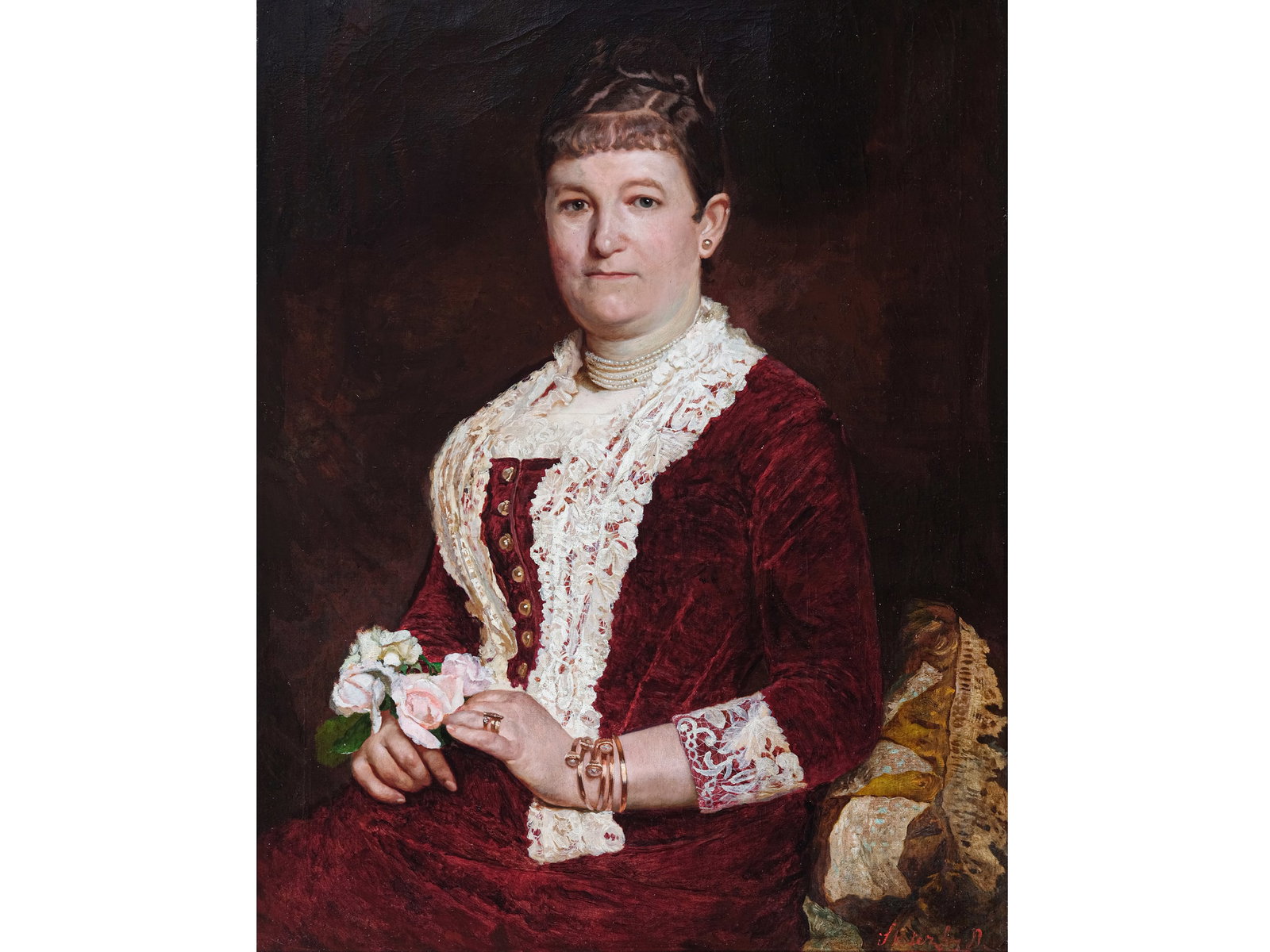 SKUTECZKY DOeME, 1850 - 1921: Skuteczky Doeme1850 - 1921Portrait of Countess Gyulane AndrassyOil on canvas, relined88 x 64 cm, with frame 116 x 93 cmSigned lower rightBack:1833, Andrassy Kendeffy Katinka, Andrassy Palace