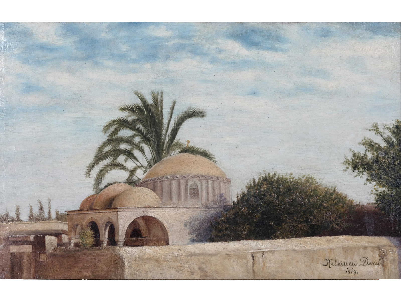 HUNGARIAN PAINTER, THE MOSQUE: Hungarian painterThe Mosque19th centuryOil on canvas, relined33.5 x 52 cm, with frame 46.5 x 65 cmSigned and dated 1917 lower right