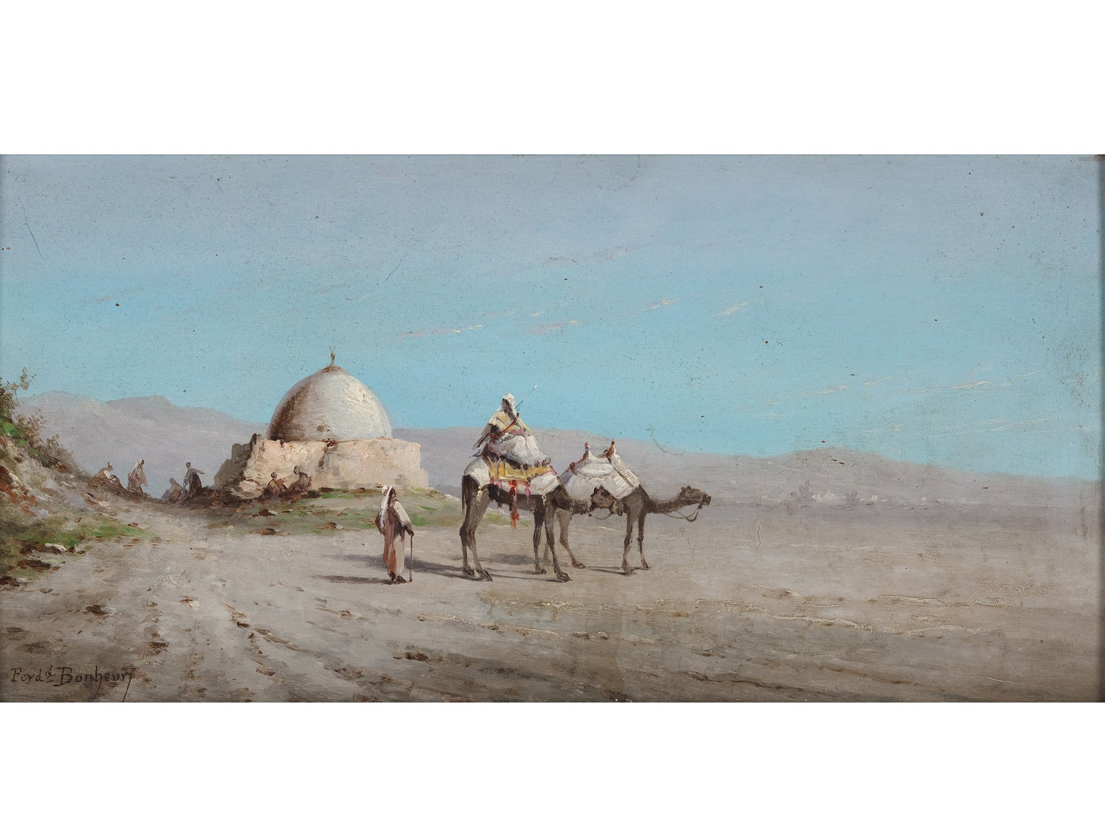 PEYD BONHEURY, CIRCA 1900: Peyd BonheuryCirca 1900The Camel RiderOil on wood21 x 14.5 cm, with frame 26.5 x 45.5 cmSigned lower left