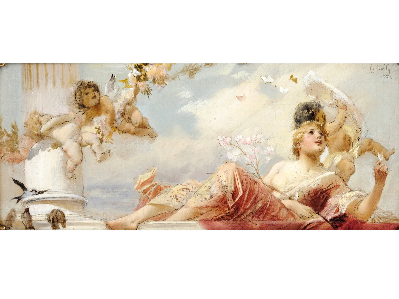 EDUARD VEITH, 1858 - 1925: Eduard Veith1858 - 1925Allegory of AirOil on canvas, relined17 x 39 cm, with frame 28 x 44.5 cmSigned and dated 1888 lower right