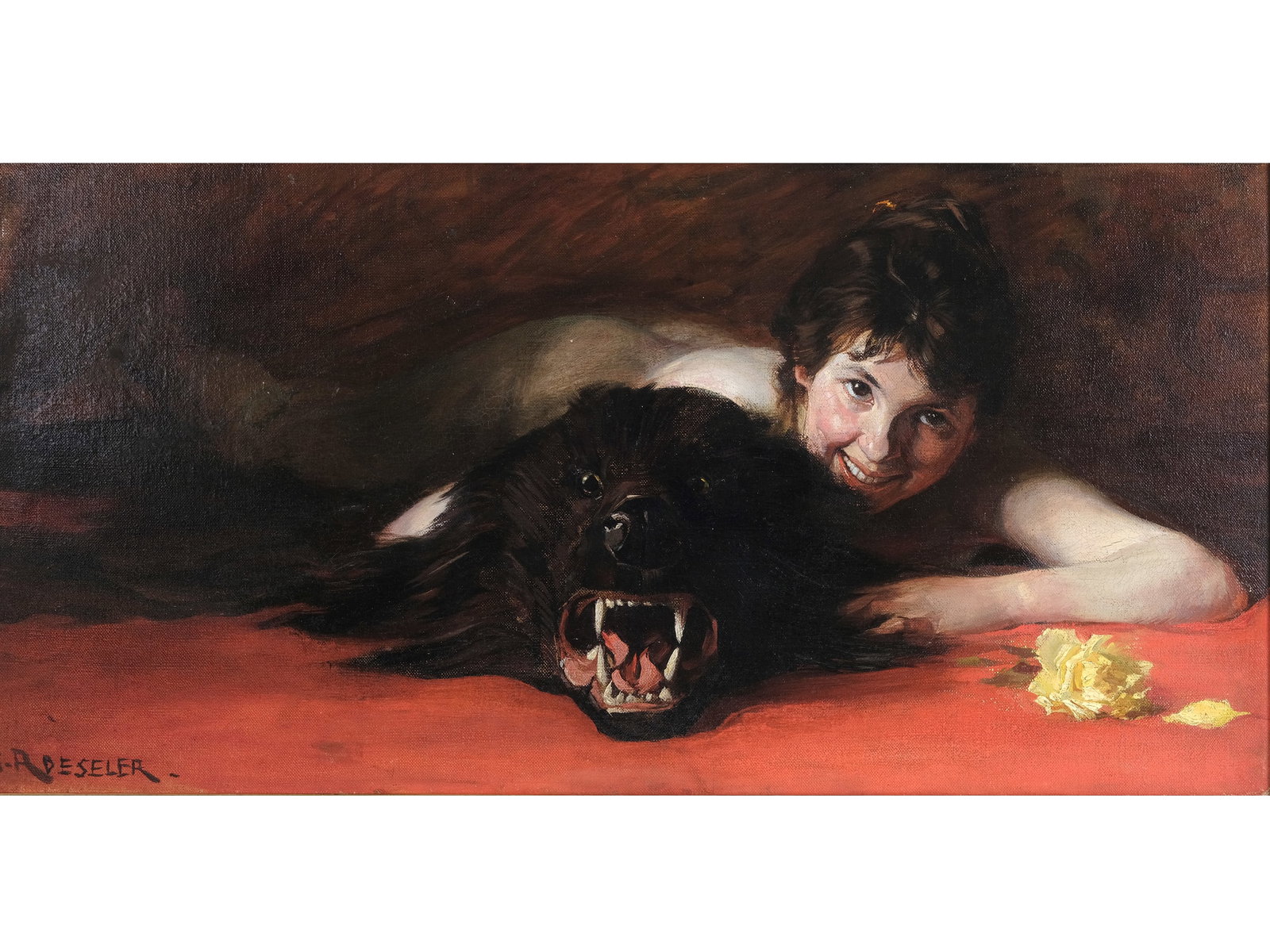 AUGUST ROESELER, 1866 - 1934: August Roeseler1866 - 1934Female Nude on BearskinOil on canvas, relined53.5 x 87.5 cm, with frame 54 x 98 cmSigned lower left